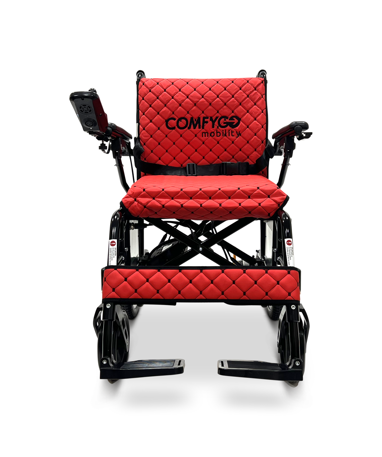 The ComfyGo X-7 Lightweight Foldable Electric Wheelchair, weighing only 40 lbs, features a red quilted design, sleek black frame with logo on the backrest, joystick control on the armrest, and footrests for portability and modern use with powerful motors.
