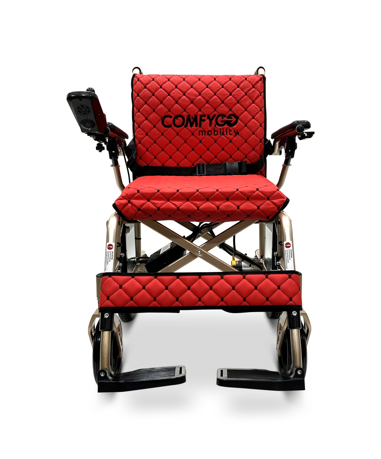 The ComfyGo X-7 Lightweight Foldable Electric Wheelchair, weighing just 40 lbs, features a red quilted design against a black backdrop with black armrests and control panel. It includes footrests and powerful motors, offering a portable solution for easy transport.