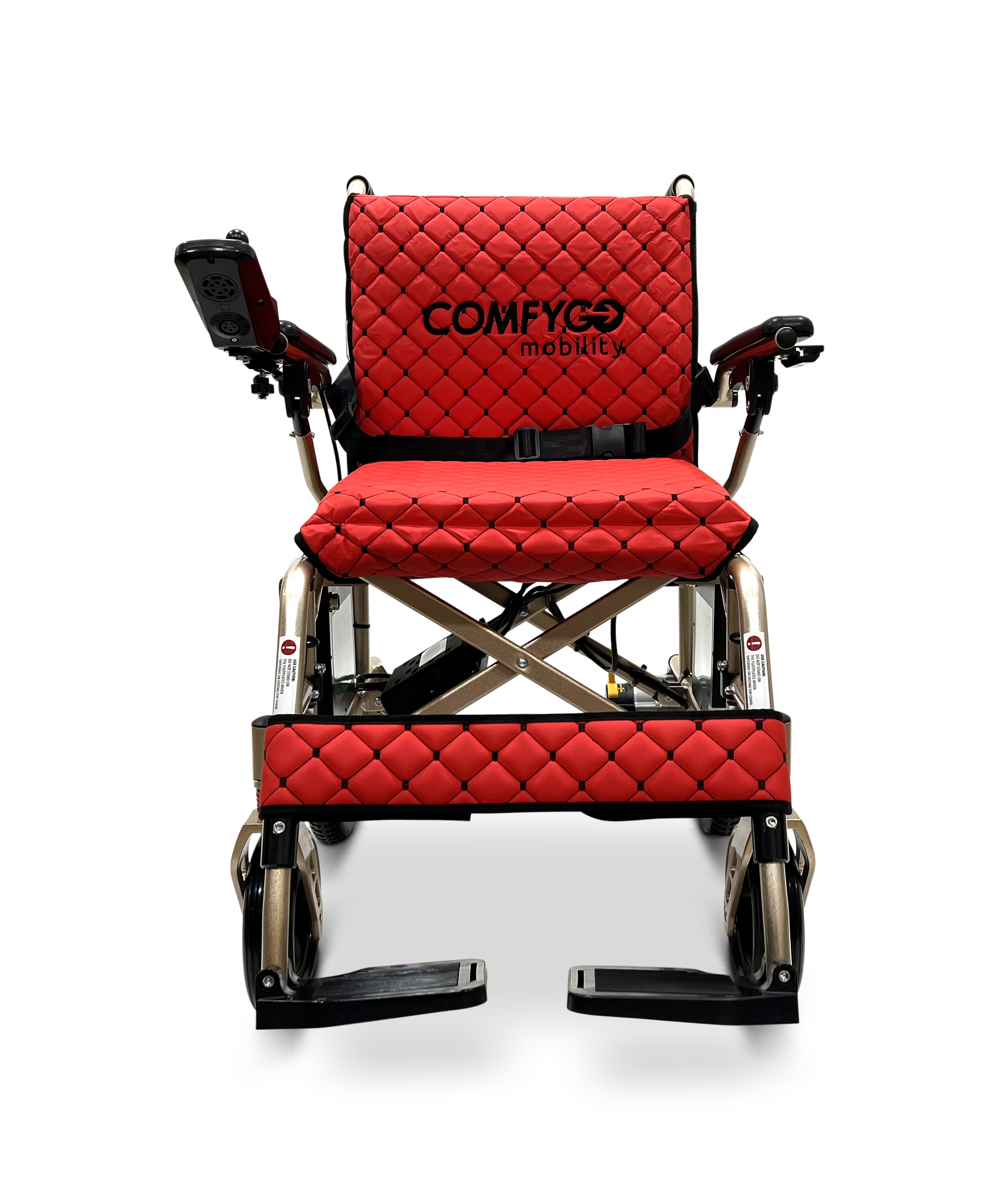 The ComfyGo X-7 Lightweight Foldable Electric Wheelchair, weighing just 40 lbs, features a red quilted design against a black backdrop with black armrests and control panel. It includes footrests and powerful motors, offering a portable solution for easy transport.