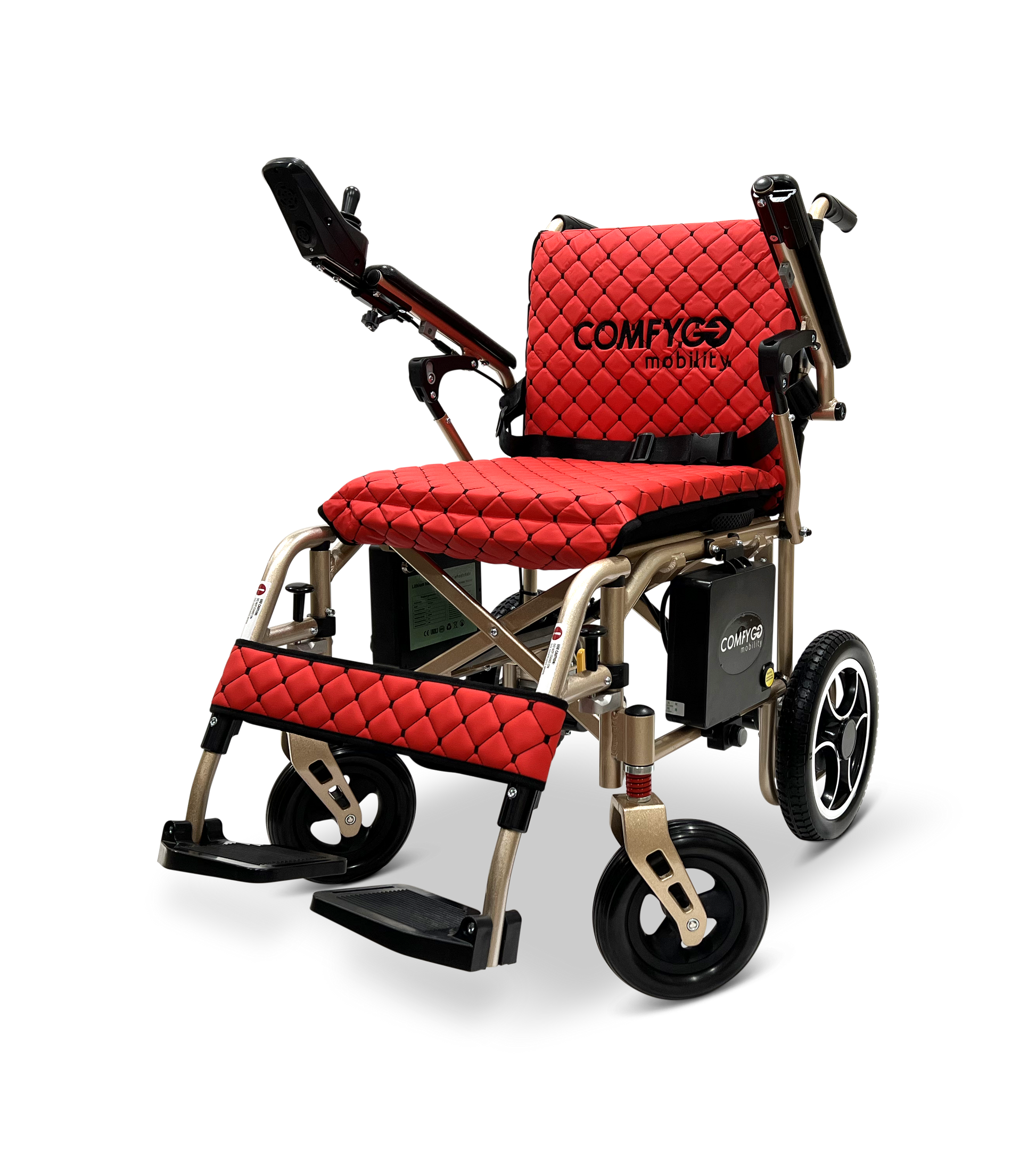 The ComfyGo X-7 is a red and black motorized wheelchair with quilted upholstery, powerful motors, joystick controller on the armrest, large rear wheels, and smaller front wheels. The brand Comfygomobility is displayed on the backrest, showcasing its innovative design.