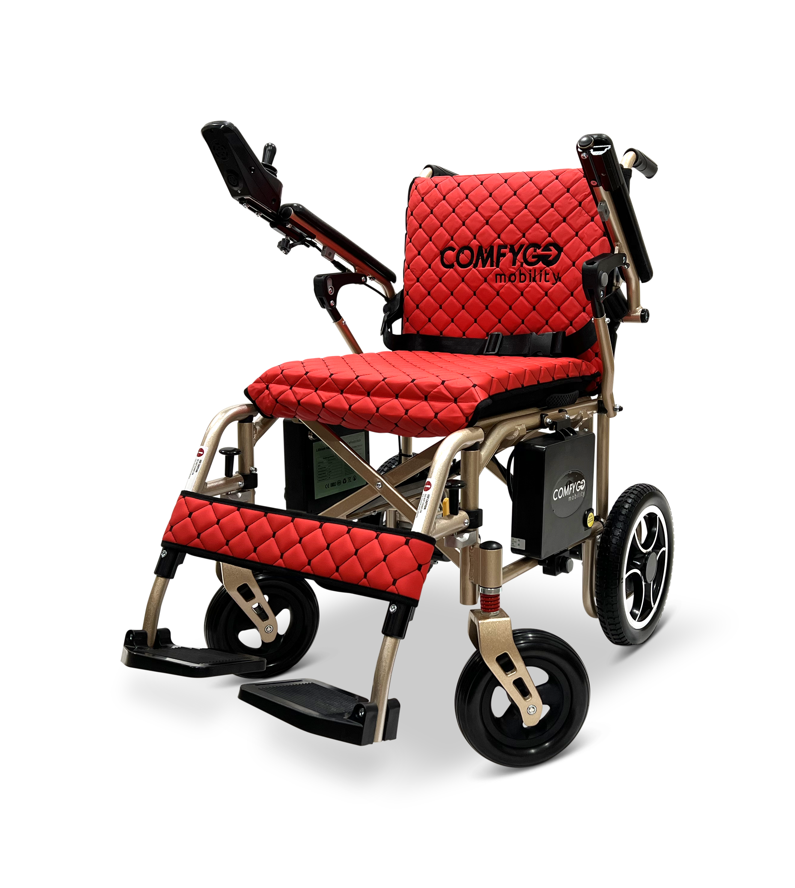 The ComfyGo X-7 is a red and black motorized wheelchair with quilted upholstery, powerful motors, joystick controller on the armrest, large rear wheels, and smaller front wheels. The brand Comfygomobility is displayed on the backrest, showcasing its innovative design.