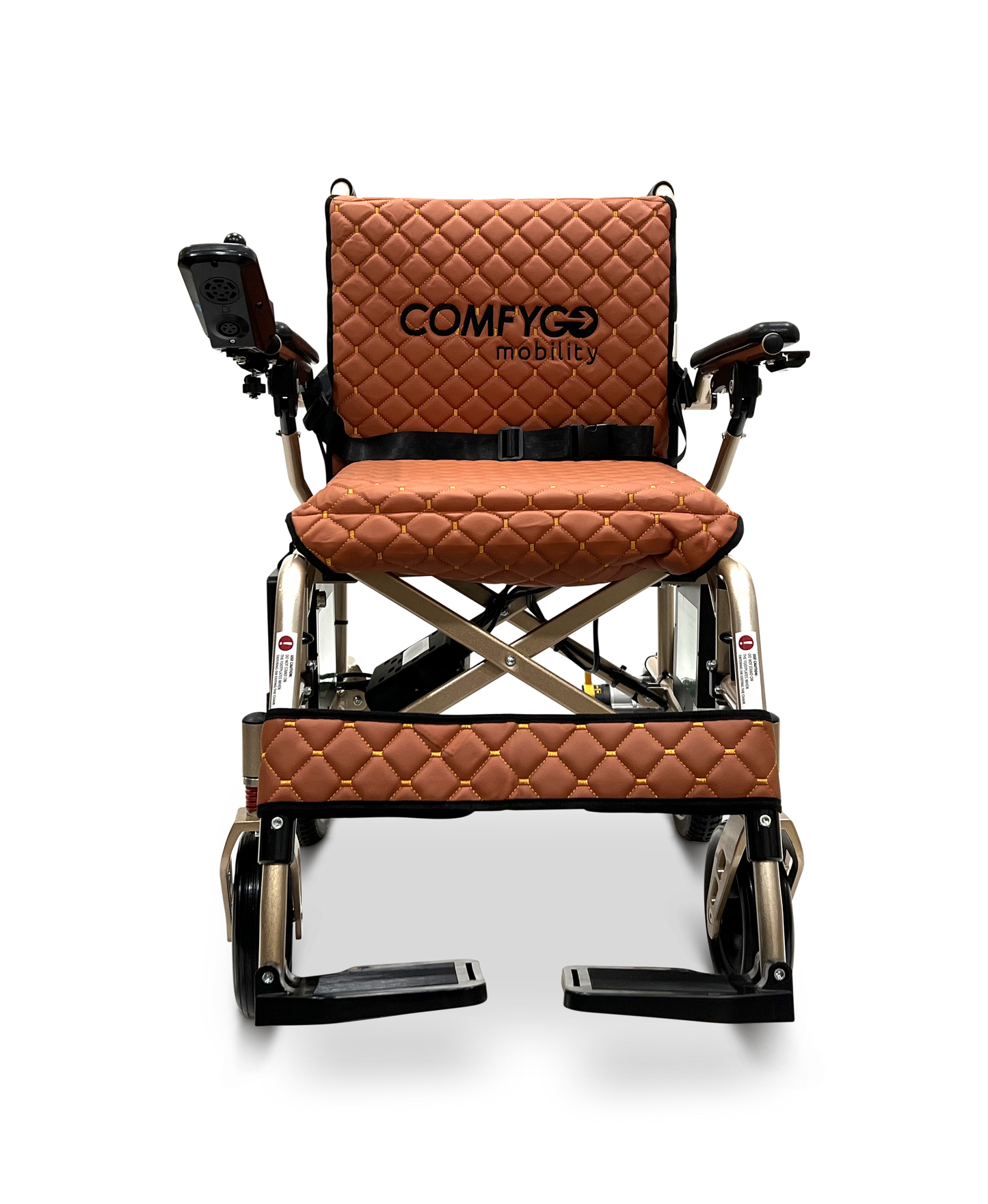 The ComfyGo X-7 Lightweight Foldable Electric Wheelchair weighs only 40 lbs and features a brown quilted backrest with ComfyGO mobility, a cross-brace design for stability, a right-armrest joystick, black footrests, and a metallic frame—ideal for portable mobility needs.