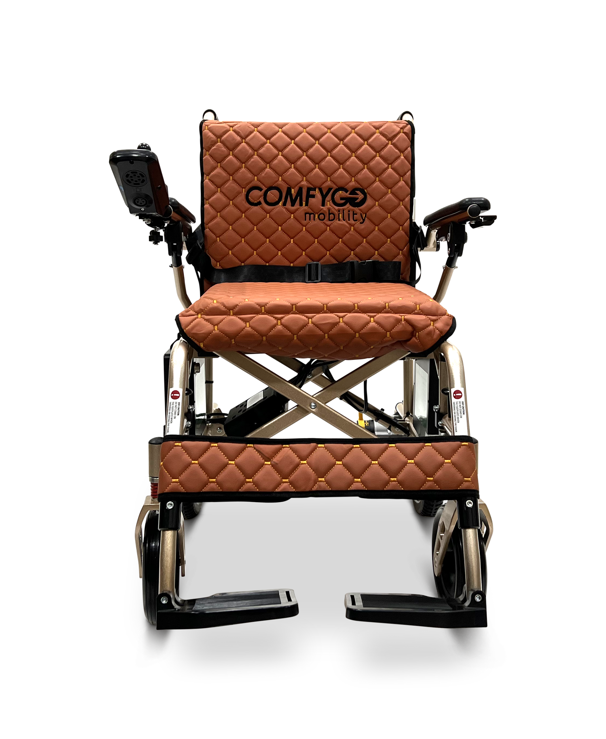 The ComfyGo X-7 Lightweight Foldable Electric Wheelchair weighs only 40 lbs and features a brown quilted backrest with ComfyGO mobility, a cross-brace design for stability, a right-armrest joystick, black footrests, and a metallic frame—ideal for portable mobility needs.