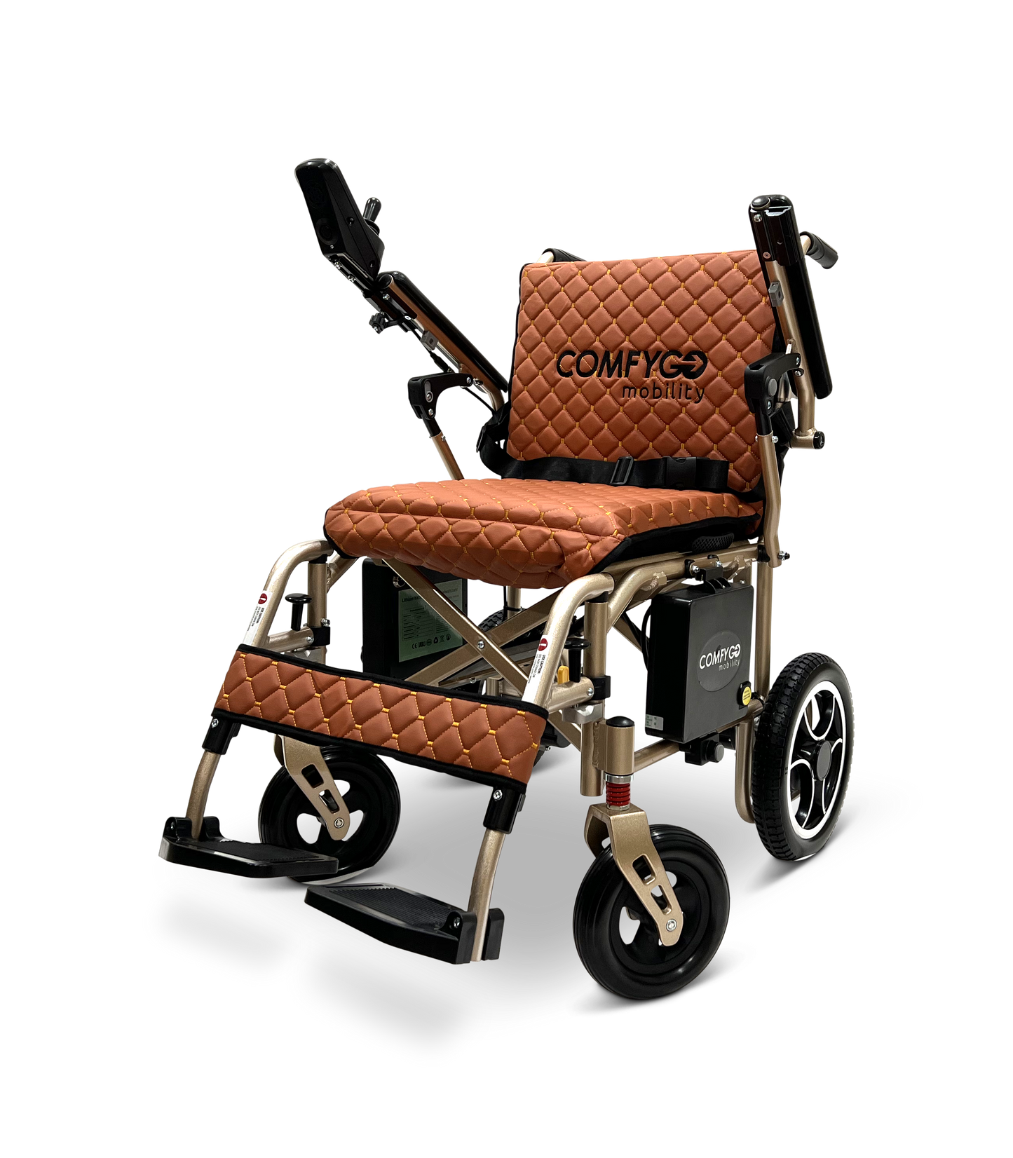 The ComfyGo X-7 electric wheelchair is a stylish, lightweight, and foldable model weighing just 40 lbs. It features a quilted brown seat and backrest, black armrests, a footrest, intricate wheel designs, and the Comfyg Mobility logo on the seat back.