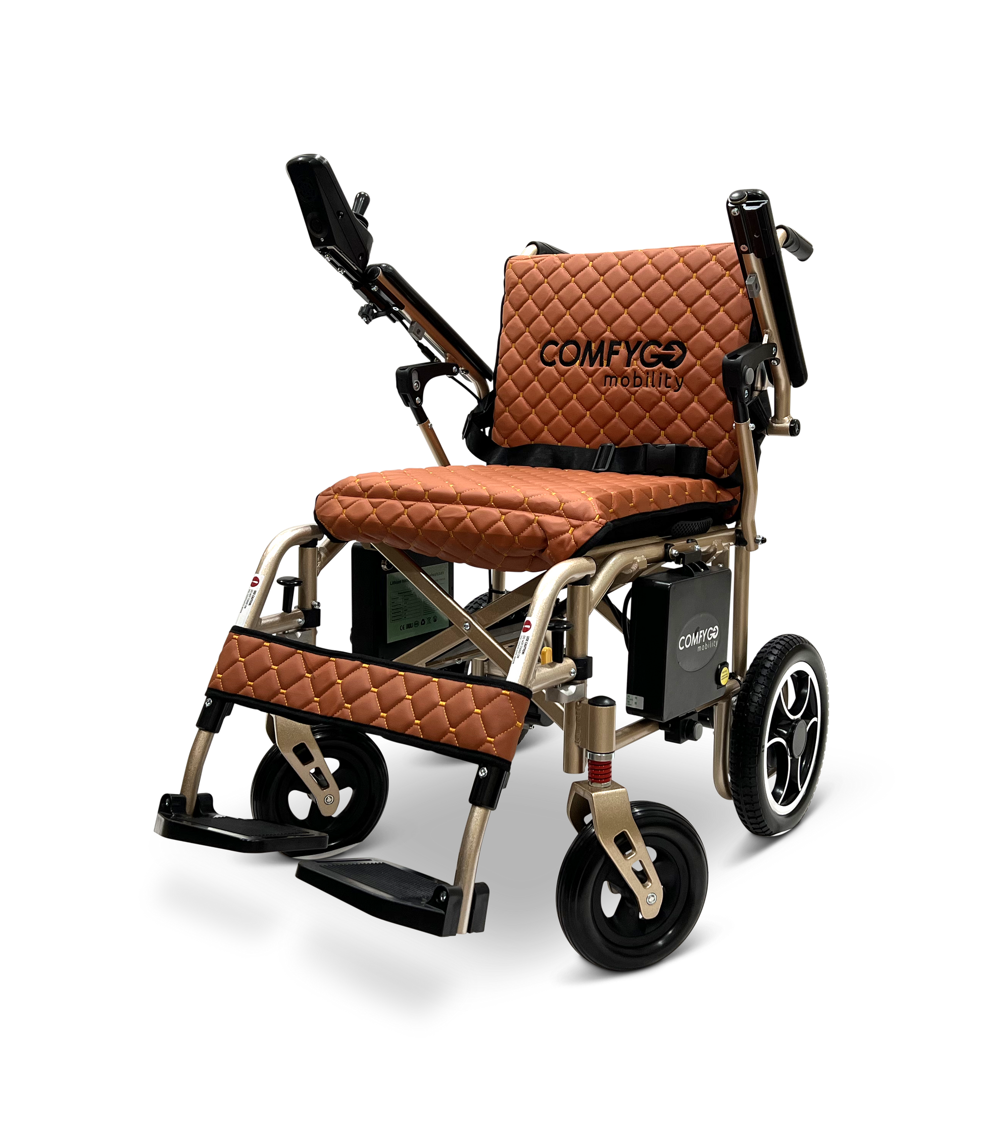 The ComfyGo X-7 electric wheelchair is a stylish, lightweight, and foldable model weighing just 40 lbs. It features a quilted brown seat and backrest, black armrests, a footrest, intricate wheel designs, and the Comfyg Mobility logo on the seat back.