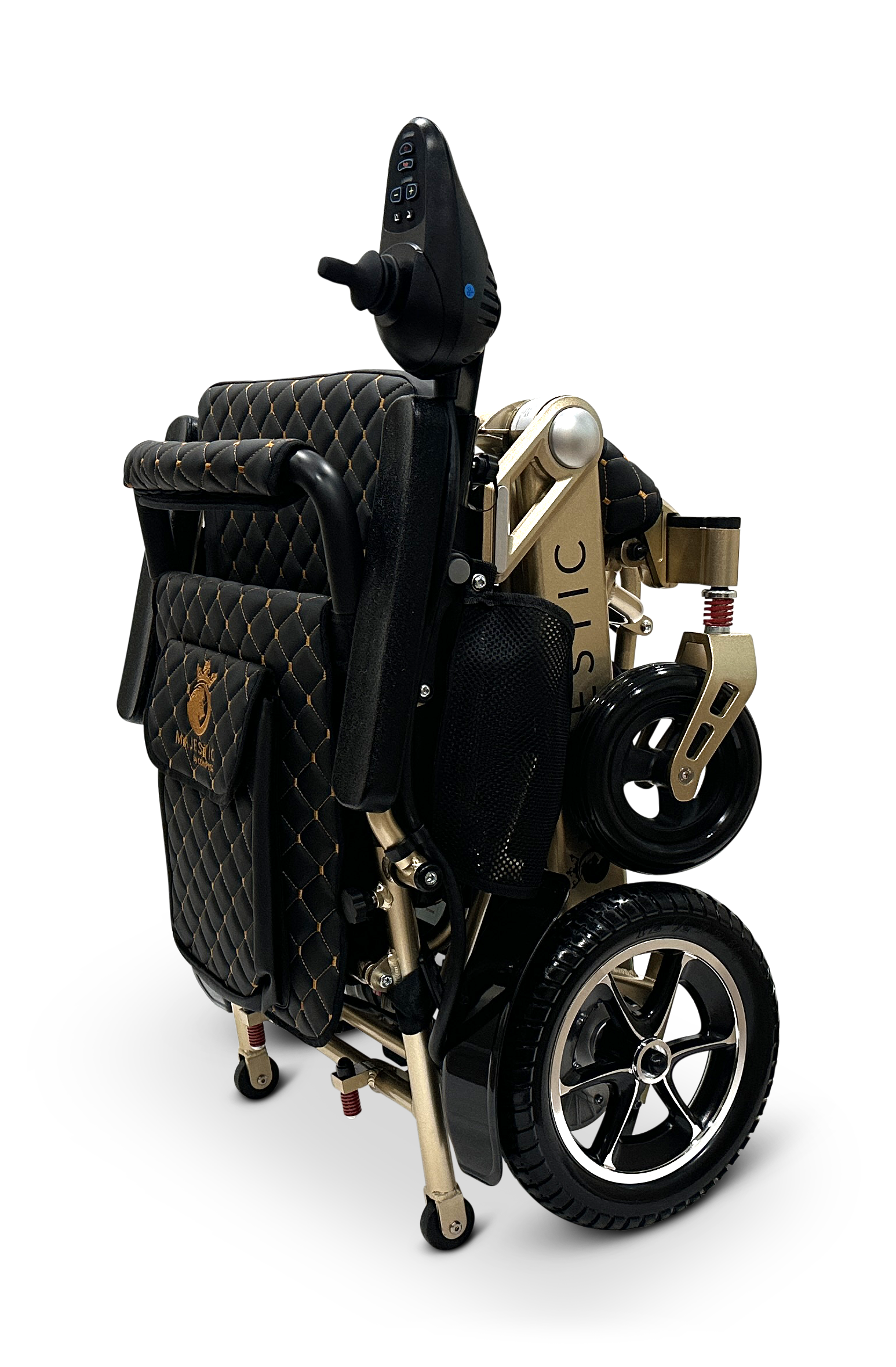Introducing the MAJESTIC IQ-7000 Remote Controlled Electric Wheelchair, a compact and lightweight folding solution designed for easy transport and storage. This sleek model boasts quilted black and gold upholstery, small wheels, and a user-friendly control panel for ultimate convenience.