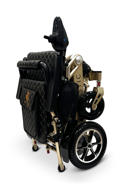 Introducing the MAJESTIC IQ-7000 Remote Controlled Electric Wheelchair, a compact and lightweight folding solution designed for easy transport and storage. This sleek model boasts quilted black and gold upholstery, small wheels, and a user-friendly control panel for ultimate convenience.