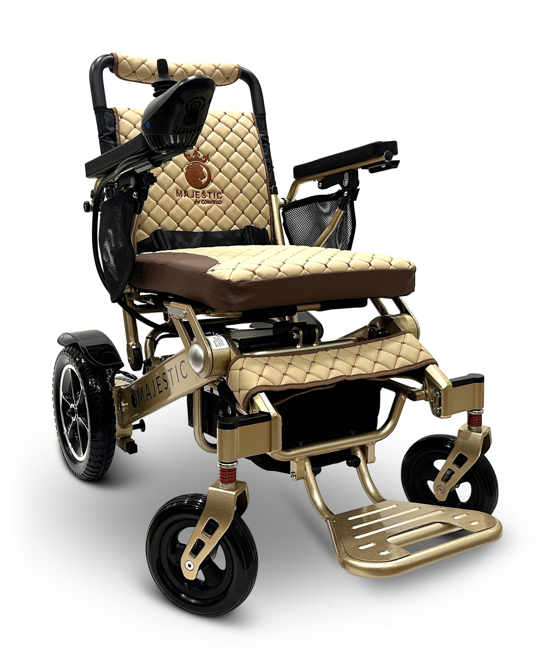 Introducing the MAJESTIC IQ-7000 Remote Controlled Electric Wheelchair: a luxurious, lightweight design featuring a sleek black frame adorned with Majestic branding. Its standout features include a beige and black quilted seat and backrest, sturdy wheels, comfortable armrests, and a convenient footrest.