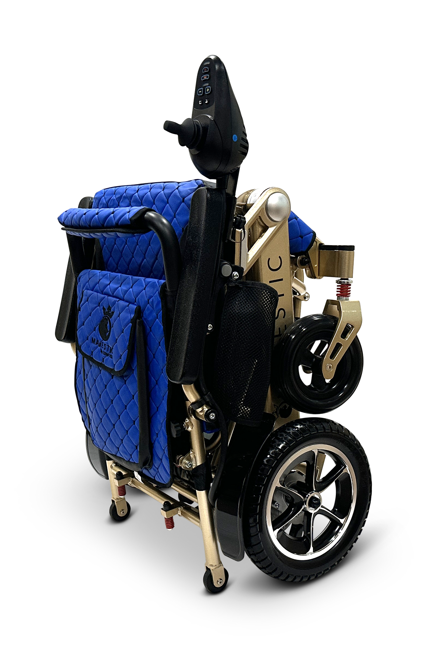 The MAJESTIC IQ-7000, a compact electric wheelchair featuring auto-folding capabilities, blue and gold accents, black wheels, and joystick control, is set against a plain dark background.