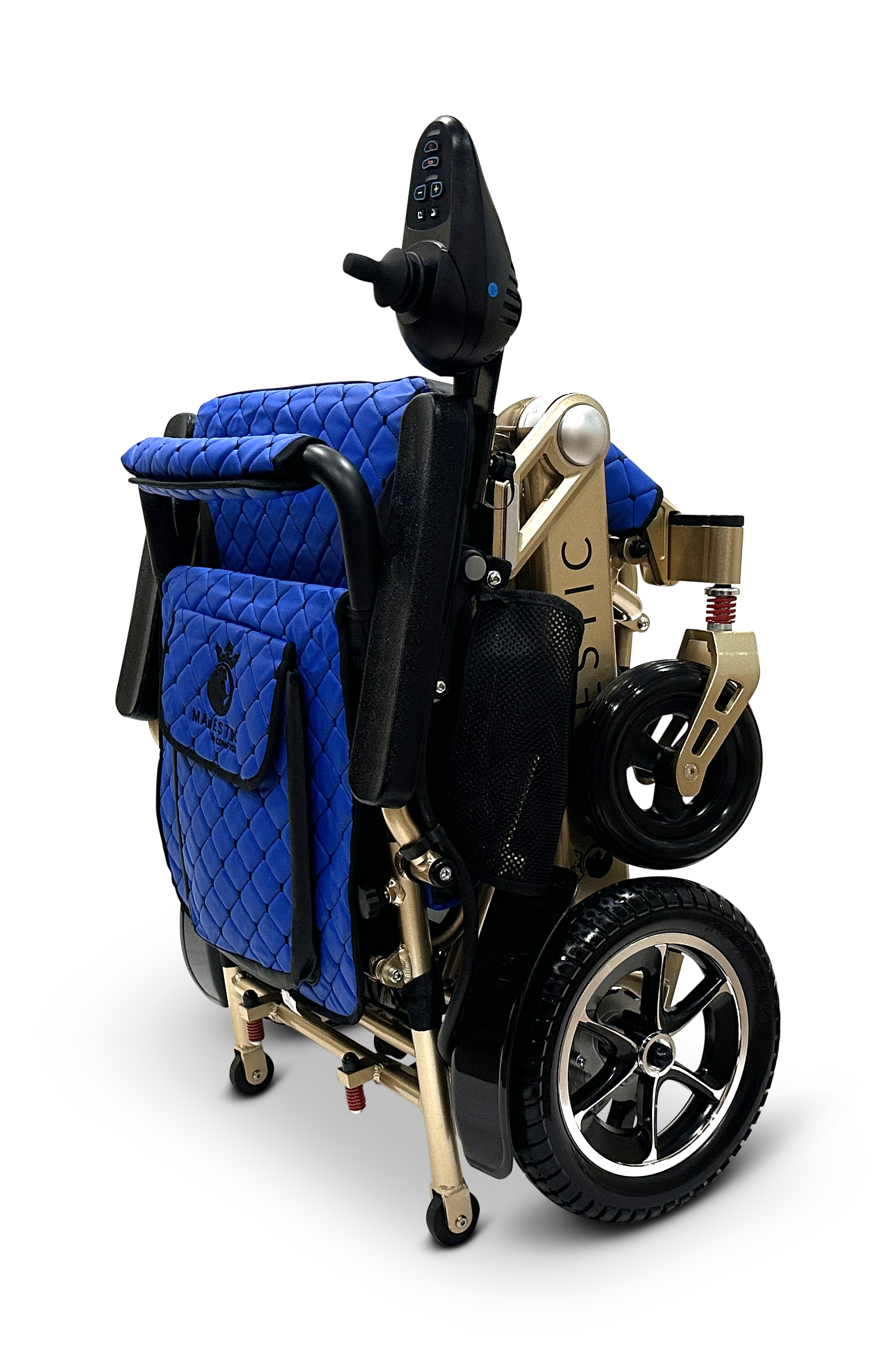 The MAJESTIC IQ-7000, a compact electric wheelchair featuring auto-folding capabilities, blue and gold accents, black wheels, and joystick control, is set against a plain dark background.