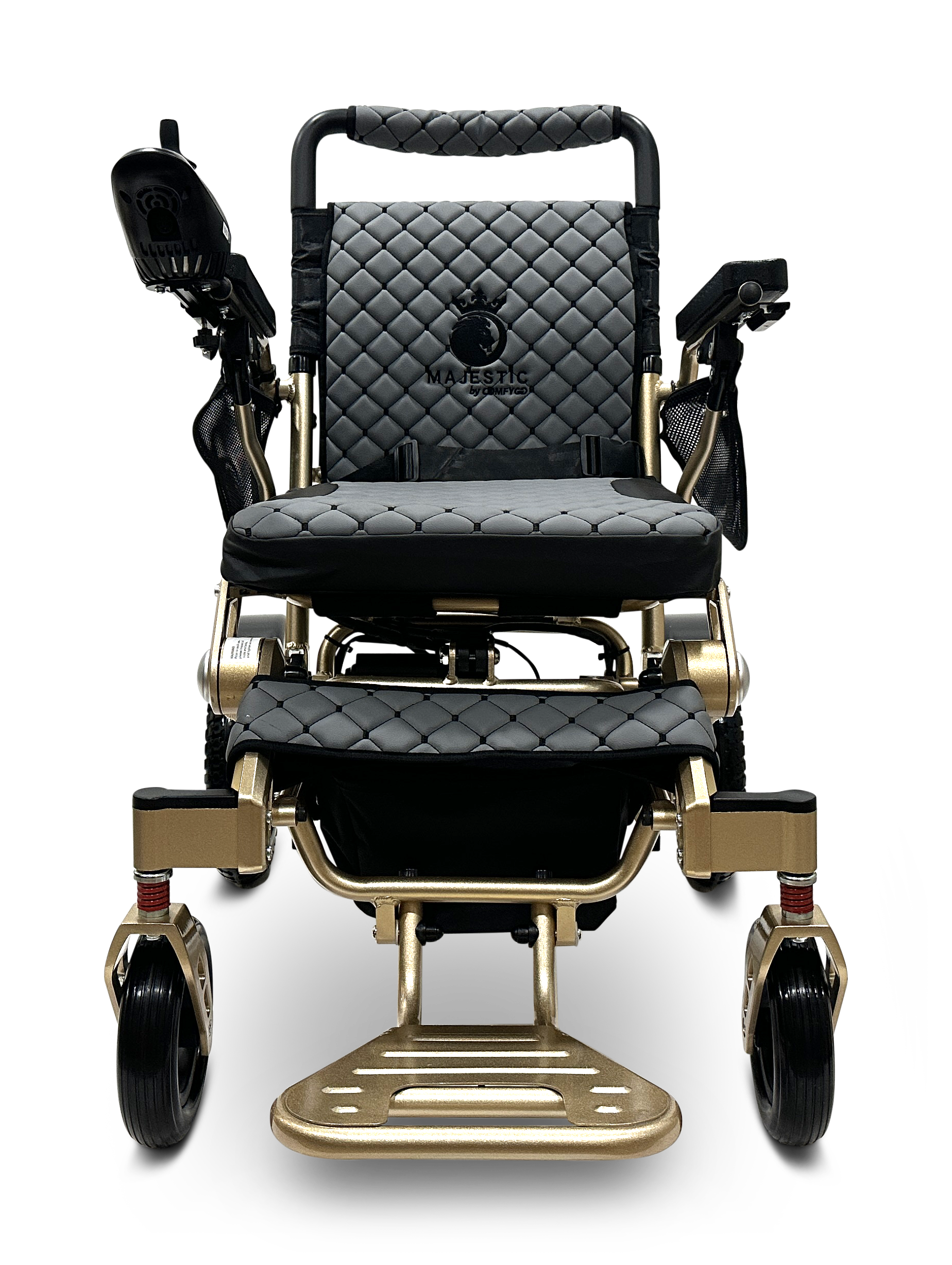 Introducing the MAJESTIC IQ-7000 Auto Folding Remote Controlled Electric Wheelchair: This sophisticated model boasts a striking black and gold design with luxurious quilted leather upholstery. It comes equipped with an intelligent joystick controller, a stunning gold frame, cushioned armrests, a footrest, and an elegantly modern auto-folding mechanism.
