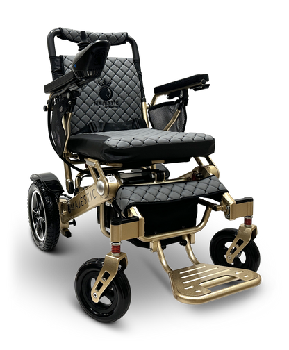 Introducing the MAJESTIC IQ-7000 Remote Controlled Electric Wheelchair, a chic black and gold wheelchair featuring a quilted seat and backrest. Designed with armrests, footrests, and robust wheels, it seamlessly merges luxury with practicality while maintaining a lightweight build for effortless travel.