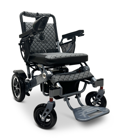 The MAJESTIC IQ-7000 Remote Controlled Electric Wheelchair is a black, modern design featuring padded seats and armrests, 360-degree joystick control, solid tires, and a foldable footrest. Its sleek frame with quilted seat and backrest is perfect for lightweight transport.