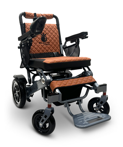 The MAJESTIC IQ-7000 Remote Controlled Electric Wheelchair boasts sleek black and brown quilted upholstery, a 360-degree joystick on the right armrest, sturdy black tires, and a foldable footrest. Its stylish yet functional design makes it an ideal lightweight transport option.
