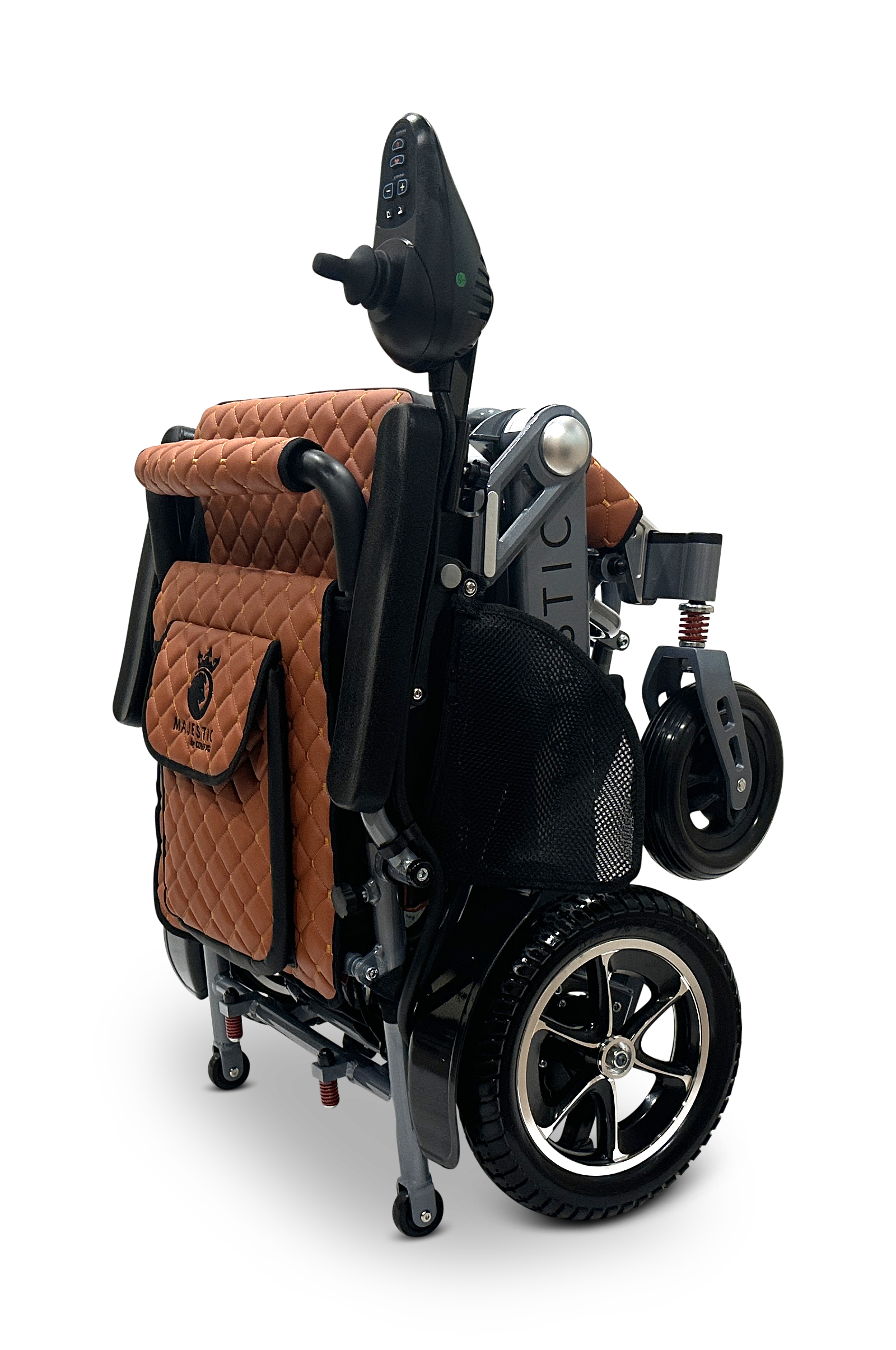 The MAJESTIC IQ-7000 is a folded mobility scooter with brown quilted fabric, a 360-degree joystick, and black wheels. It features a metallic frame with a side storage pocket, delivering a sleek design perfect against the black background.