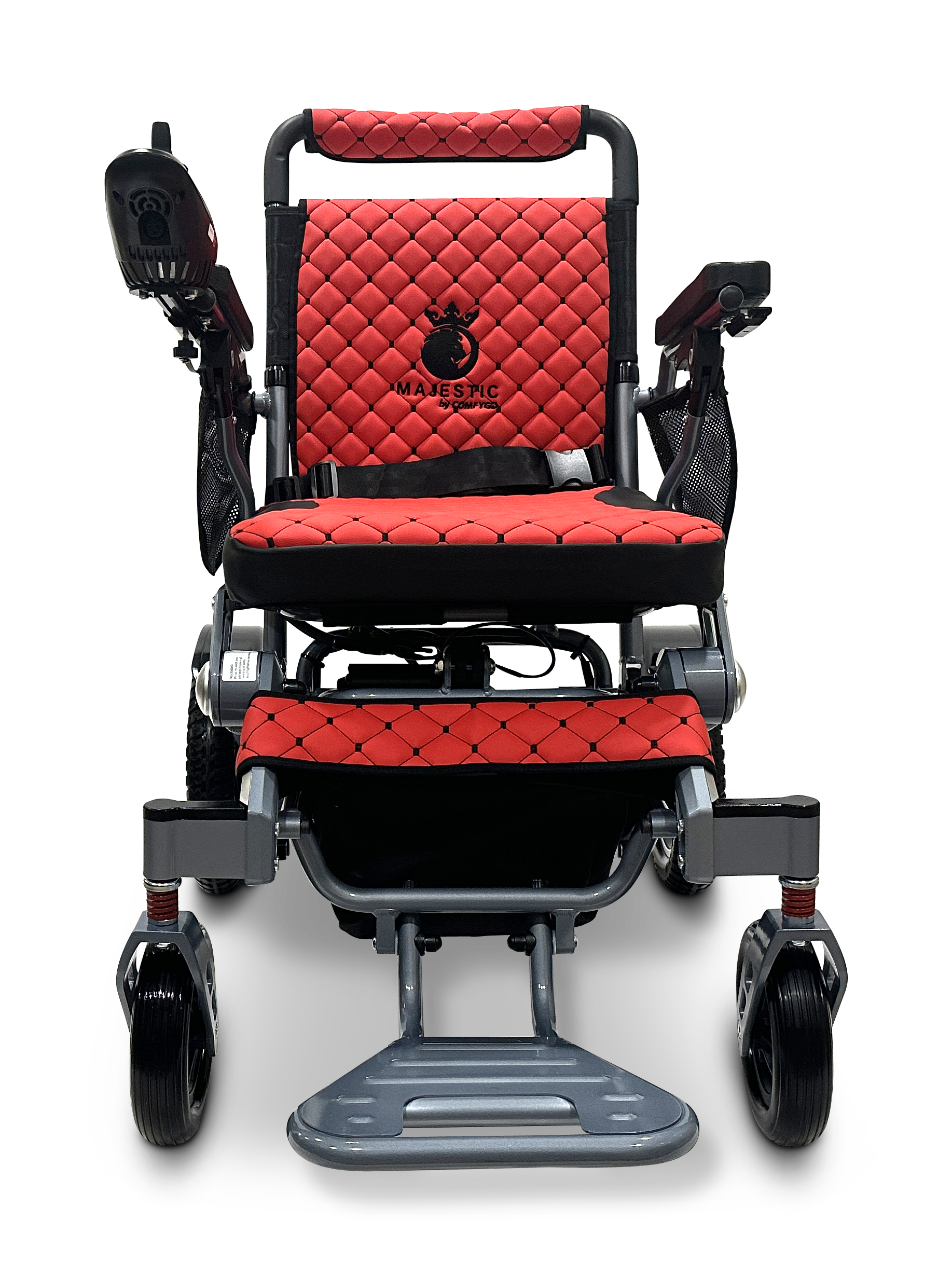 The MAJESTIC IQ-7000 Auto Folding Remote Controlled Electric Wheelchair, featuring quilted padding, a 360-degree joystick, sleek design with mesh pockets, and durable wheels, offers ultimate convenience with its lightweight and auto-folding capabilities.