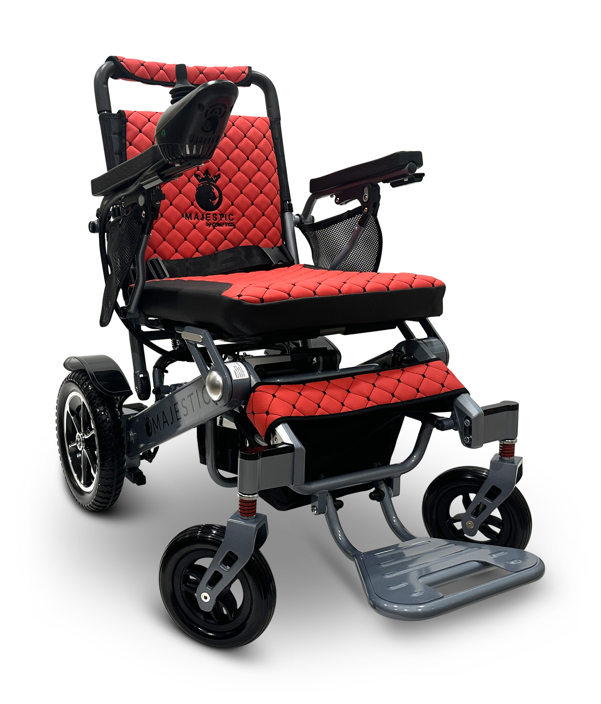 The MAJESTIC IQ-7000 Auto Folding Remote Controlled Electric Wheelchair features a red and black design with a padded seat, backrest, large rear wheels, smaller front ones, a 360-degree joystick on the armrests, and MAJESTIC emblazoned on its diamond-patterned frame.