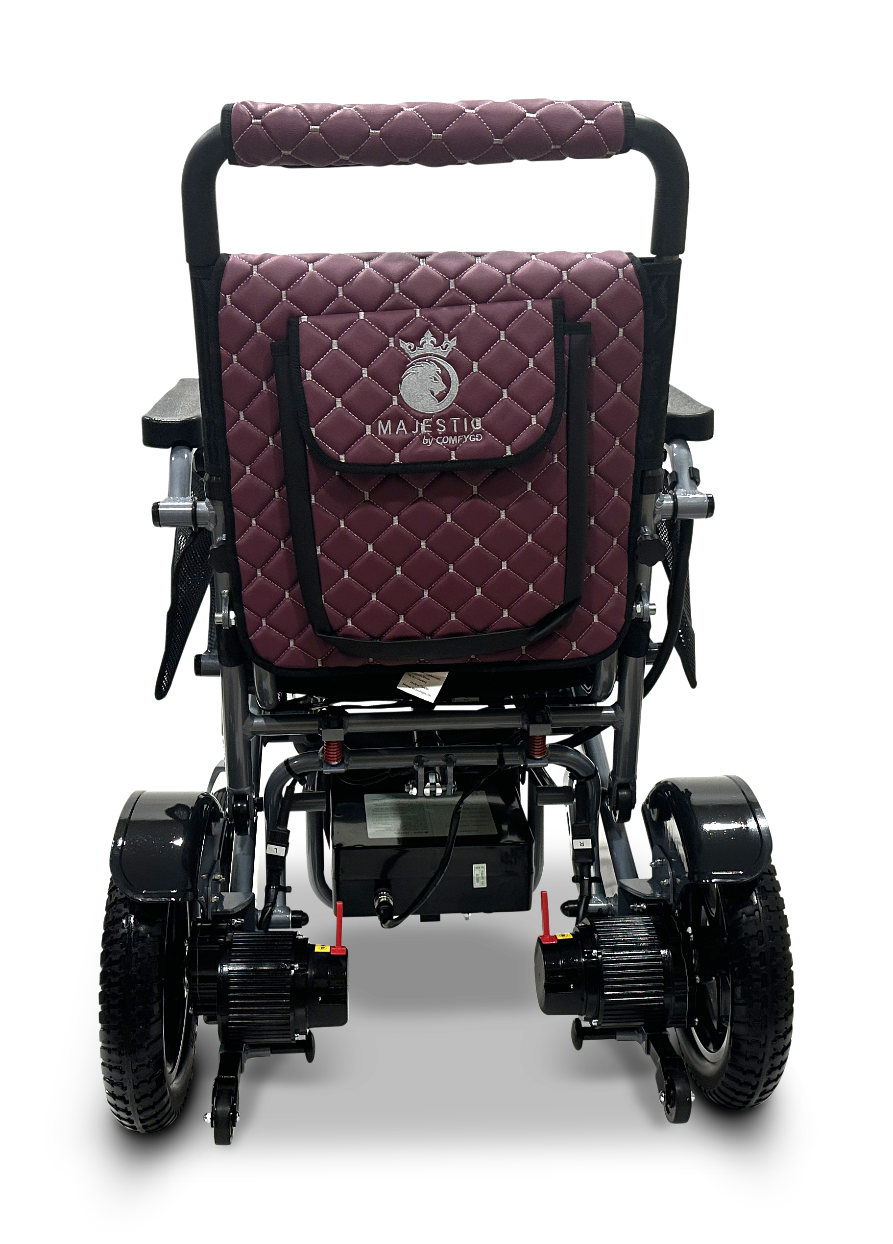 The MAJESTIC IQ-7000 Auto Folding Remote Controlled Electric Wheelchair features a quilted maroon backrest with branding and a horse logo, four black wheels, a visible battery compartment, foldable handles, and a 360-degree joystick for easy navigation.