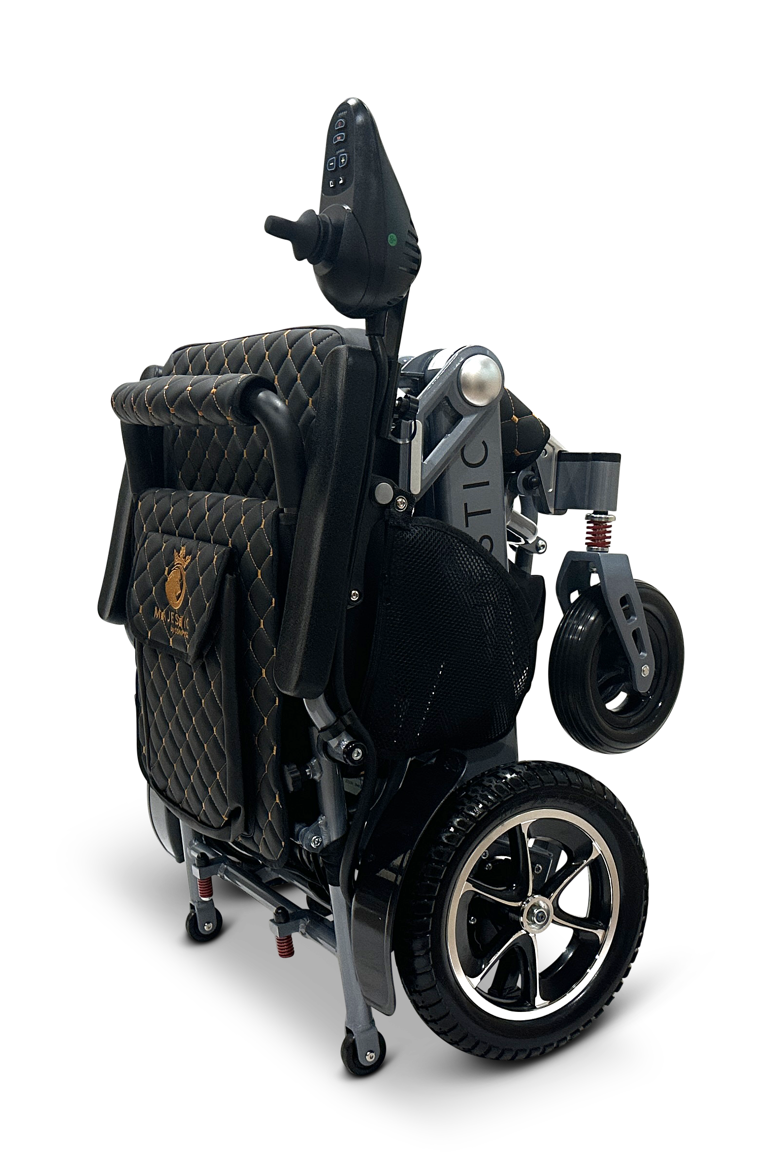 The MAJESTIC IQ-7000 is a compact, auto-folding electric wheelchair with a quilted seat and modern design. It features 360-degree joystick control, small front wheels, larger back wheels, and stands upright for easy storage and transport.