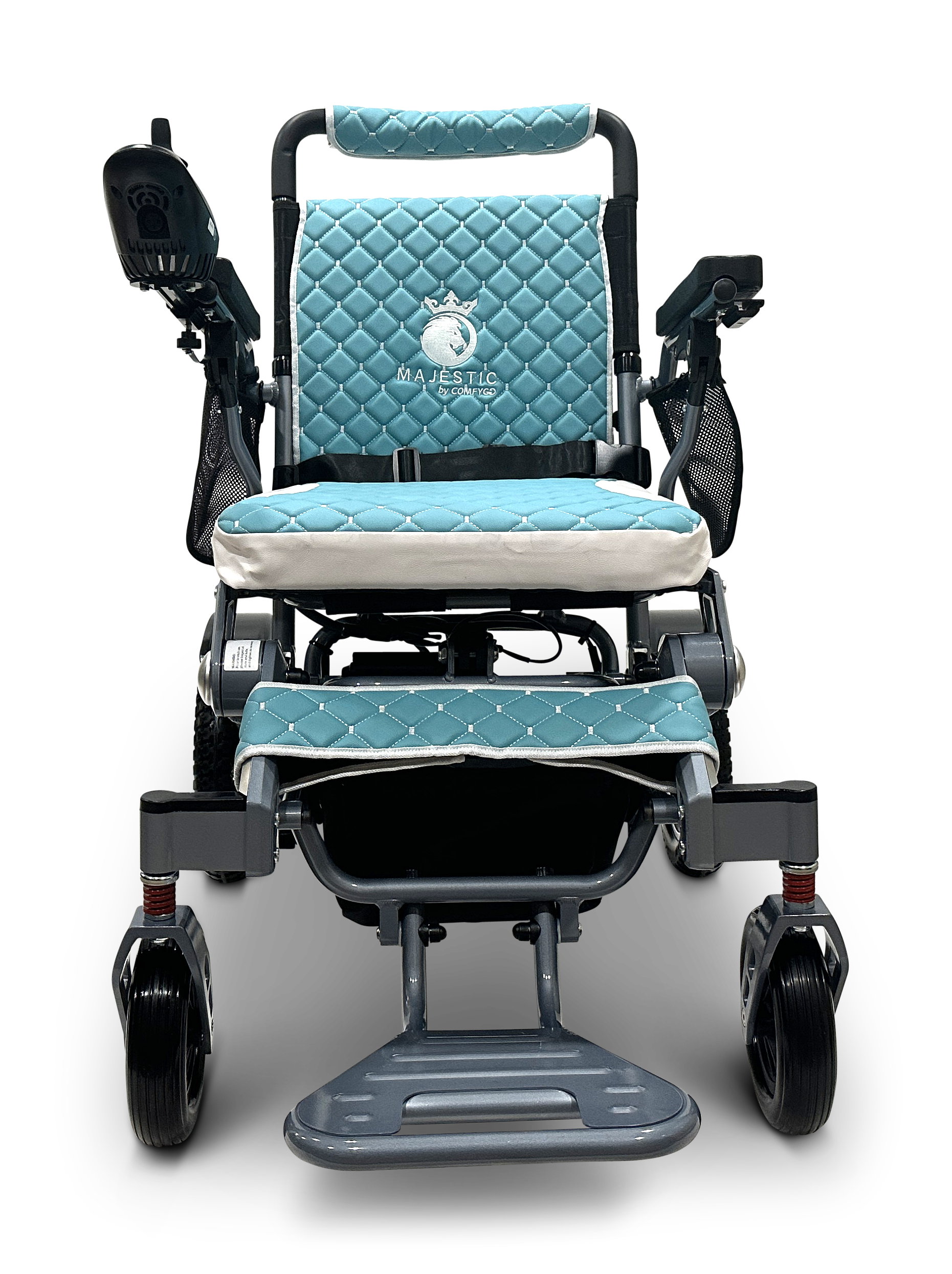 The MAJESTIC IQ-7000 is an auto-folding electric wheelchair in blue, featuring a quilted backrest with the Majestic logo, padded armrests, a 360-degree joystick on the left, and a sturdy metal frame with a footrest.