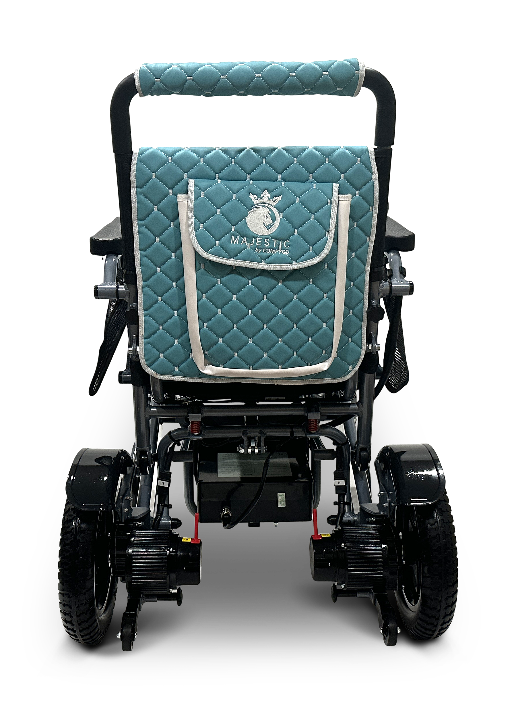 The rear view of the MAJESTIC IQ-7000 reveals a lightweight, auto-folding electric wheelchair with a quilted teal backrest cover. It features white stitching, trim, and a Majestic unicorn logo. A 360-degree joystick enhances its design, while large wheels with thick treads ensure smooth mobility.