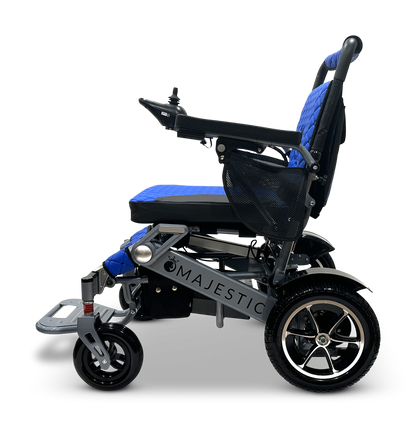 The MAJESTIC IQ-7000 wheelchair, with a side view in blue and black, features a lightweight design with a 360-degree joystick on the right armrest, mesh back, cushioned seat, and two large rear wheels paired with smaller front ones for practicality and style.
