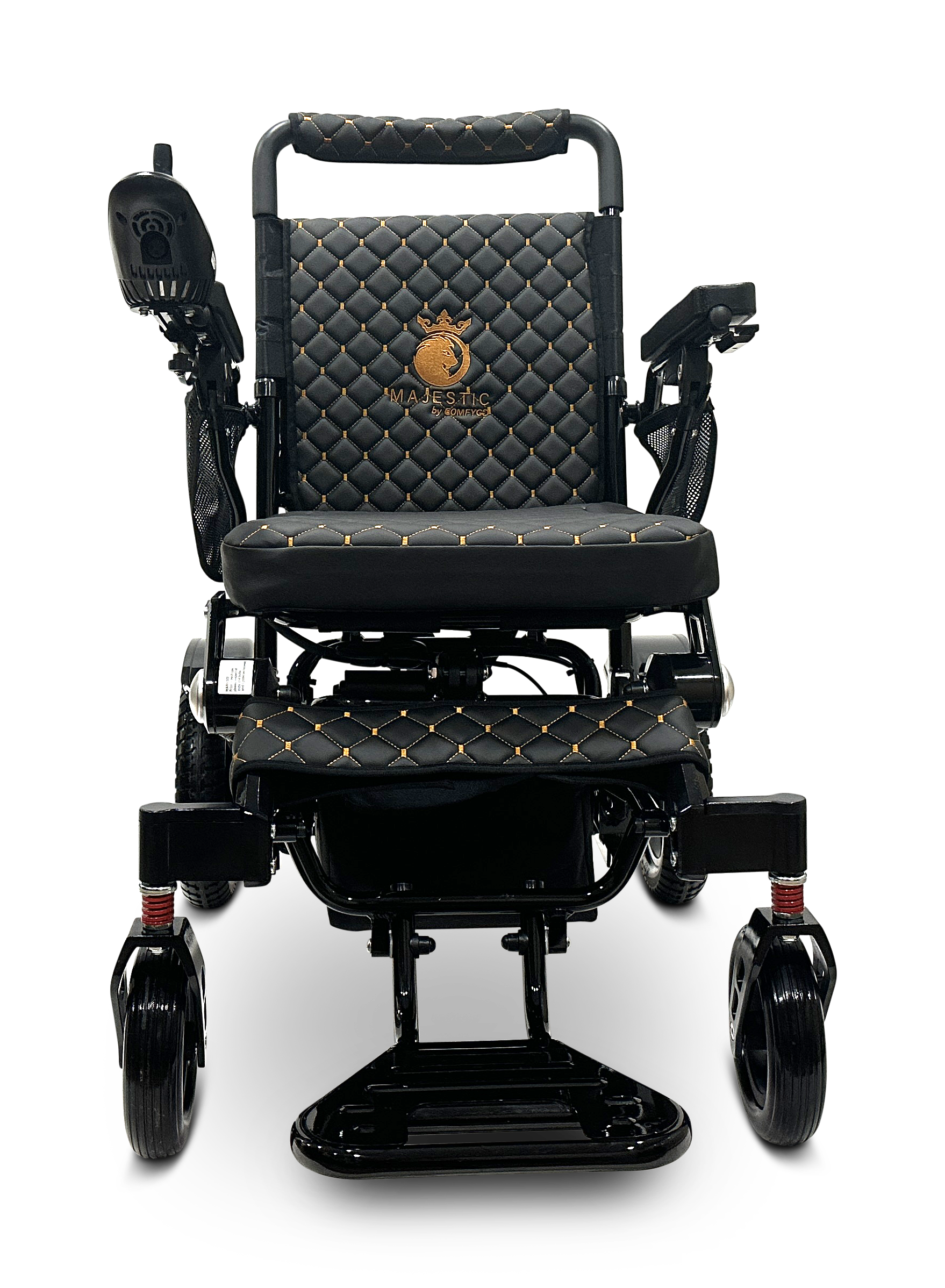 The MAJESTIC IQ-7000 Remote Controlled Electric Wheelchair is a stylish and lightweight model featuring black upholstery with gold stitching and a quilted pattern. It includes auto-folding capabilities, armrests, sleek wheels, and an intelligent joystick positioned on the left side. The backrest is adorned with an emblem that reads "Majestic.