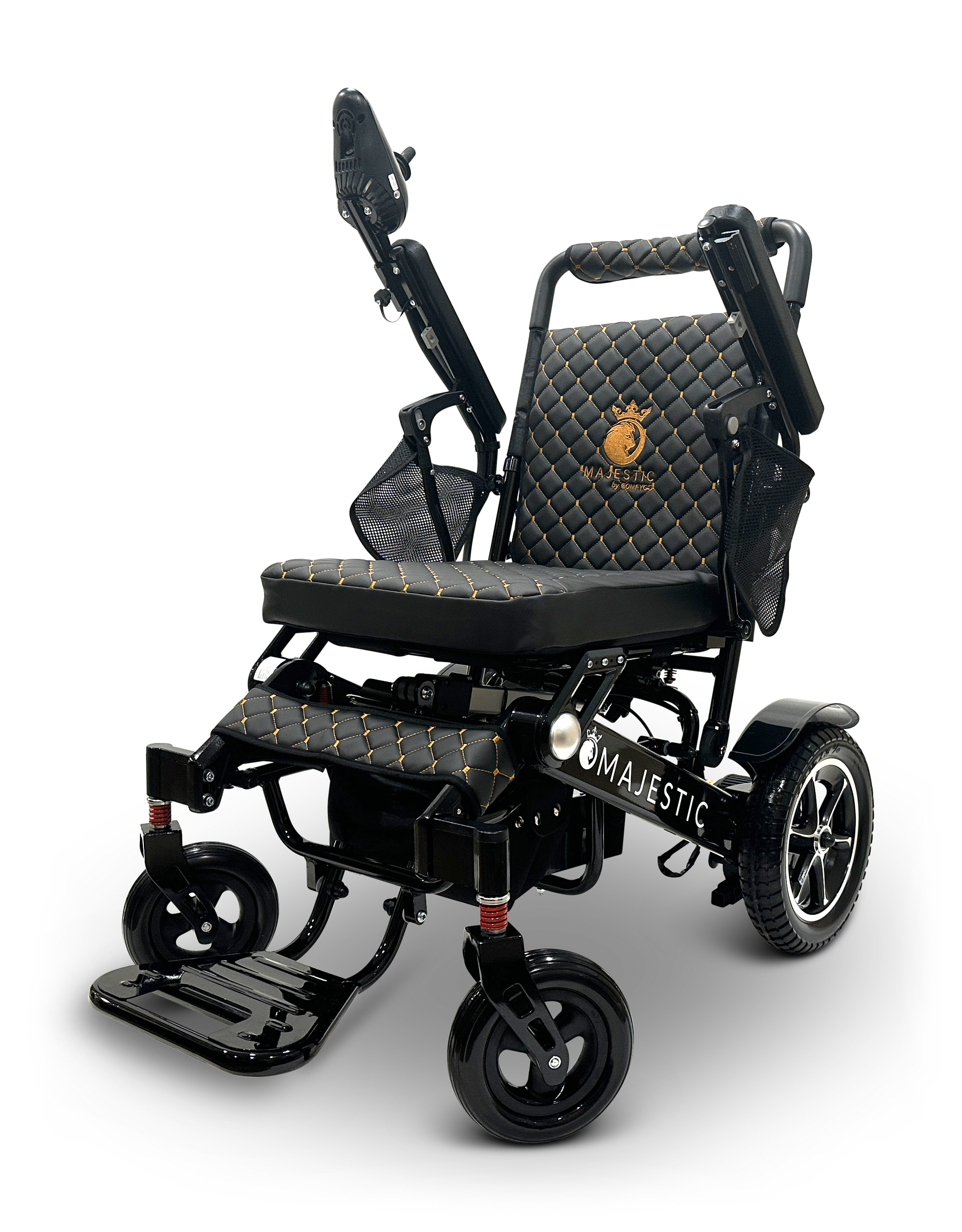 A black and gold MAJESTIC IQ-7000 Remote Controlled Electric Wheelchair, featuring a quilted design on the seat and backrest. It includes a cushioned armrest, footrest, intelligent joystick, and large back wheels with the word "Majestic" printed on the side.