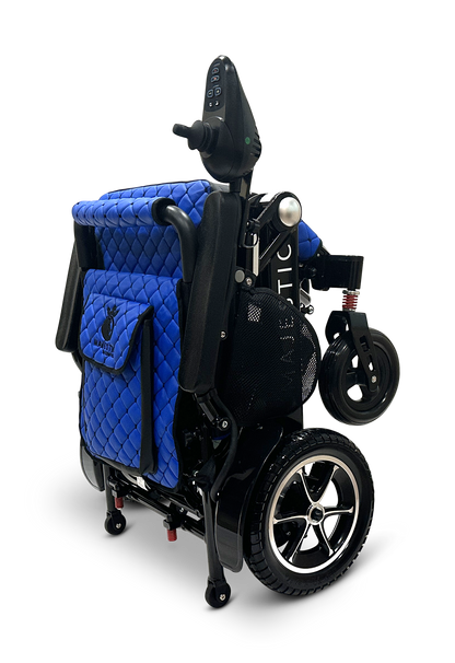 Introducing the MAJESTIC IQ-7000 Remote Controlled Electric Wheelchair, featuring an auto-folding design with a blue quilted seat, small front wheels, and larger rear wheels. This lightweight wheelchair comes equipped with an intelligent joystick control panel, ensuring user-friendliness and convenience for those on the go.