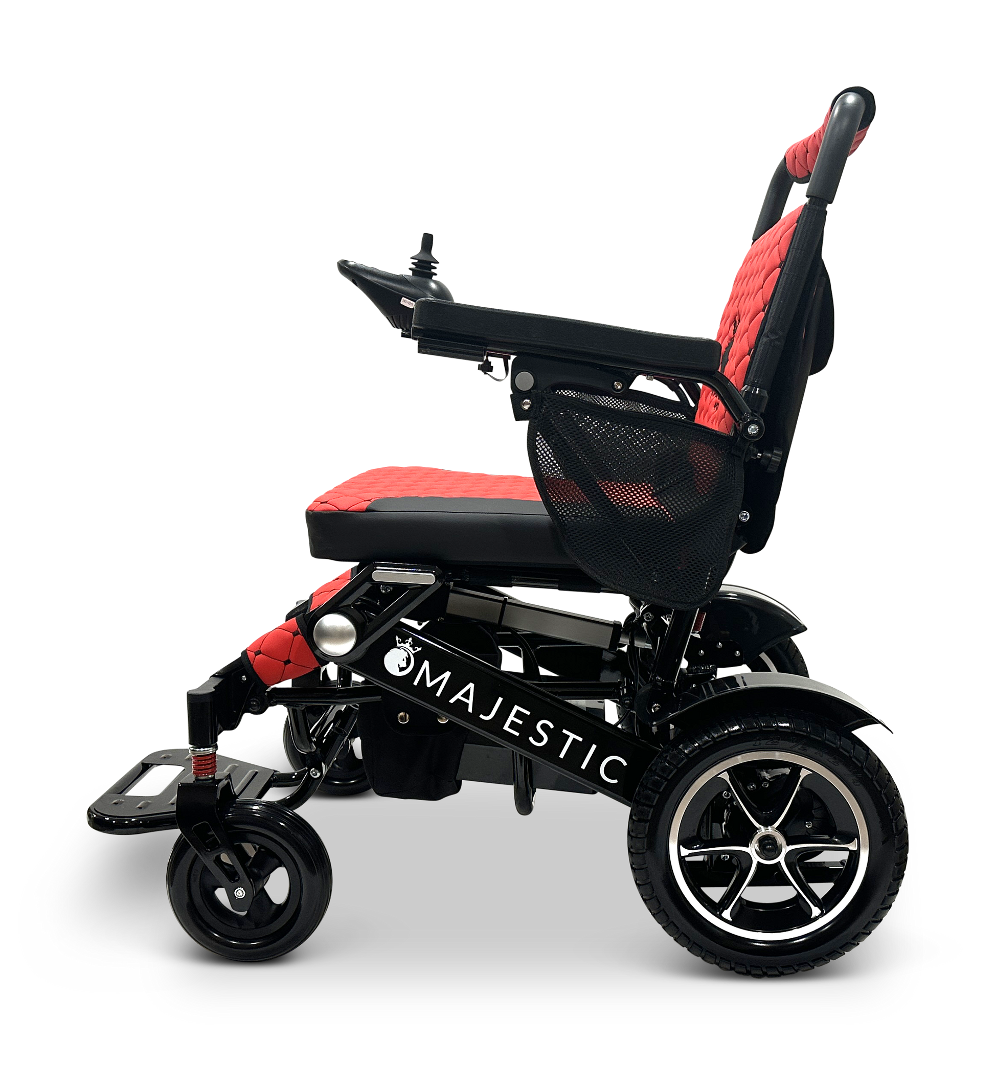 Introducing the MAJESTIC IQ-7000 Remote Controlled Electric Wheelchair: a stylish black and red design featuring a joystick control on the right armrest. This lightweight travel wheelchair highlights a durable frame, cushioned seating, and large rear wheels for enhanced mobility, prominently displaying the Majestic brand name on its side.