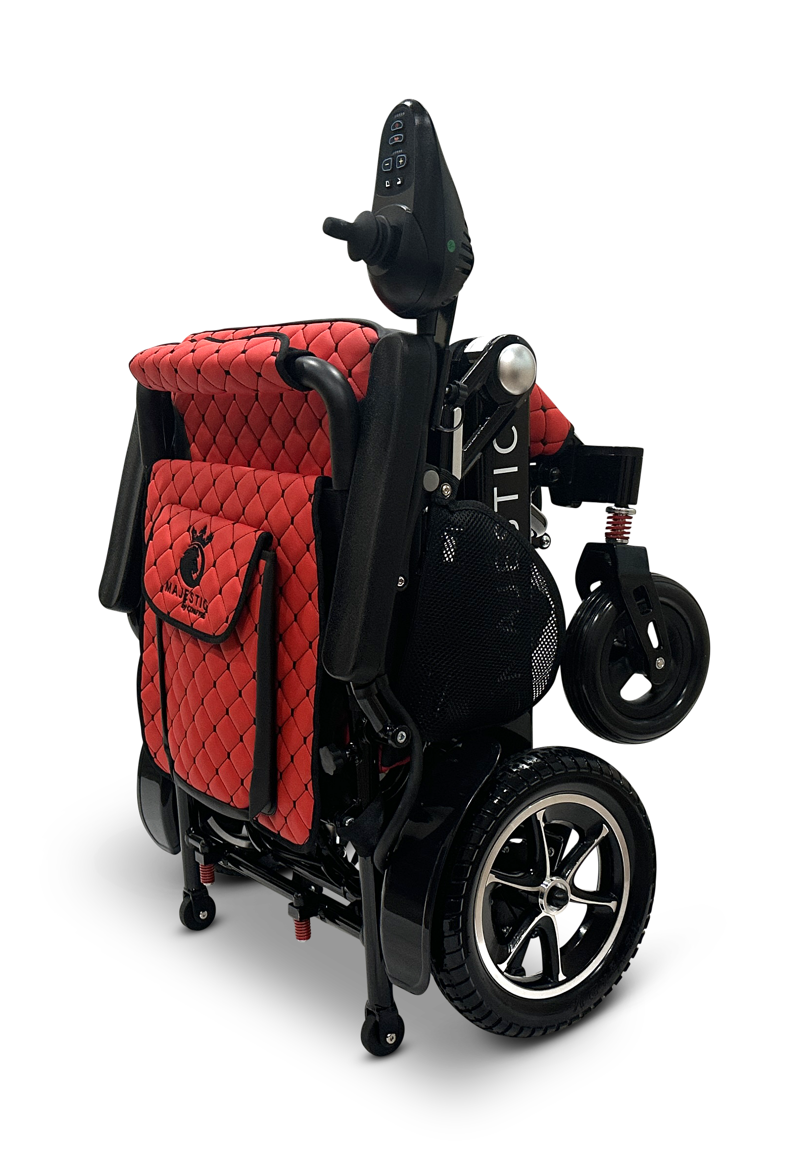 Introducing the MAJESTIC IQ-7000 Remote Controlled Electric Wheelchair: a compact, folding electric wheelchair with a stylish quilted red seat cover and sleek black frame. This lightweight model boasts a joystick controller conveniently located on the right armrest and is equipped with small front wheels for enhanced mobility.