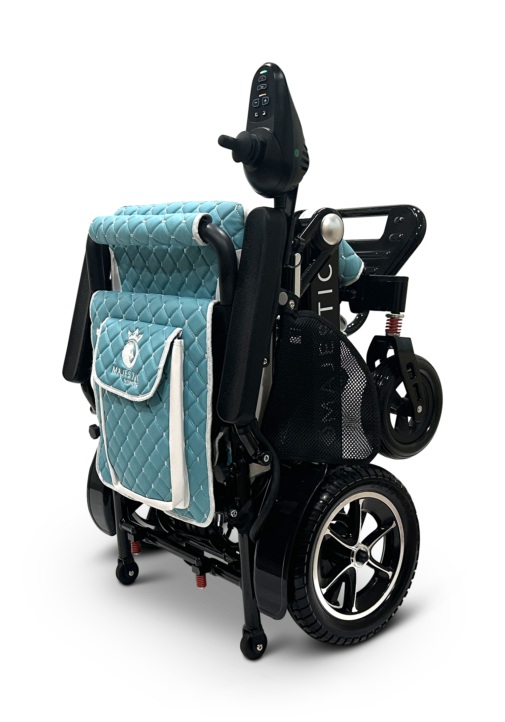 The MAJESTIC IQ-7000 Remote Controlled Electric Wheelchair is a blue and black model with a quilted seat cover and a small storage pouch on the back. This lightweight wheelchair features large wheels and a compact design, ensuring easy navigation.