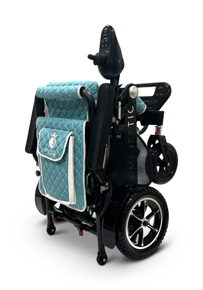 The MAJESTIC IQ-7000 Remote Controlled Electric Wheelchair is a blue and black model with a quilted seat cover and a small storage pouch on the back. This lightweight wheelchair features large wheels and a compact design, ensuring easy navigation.