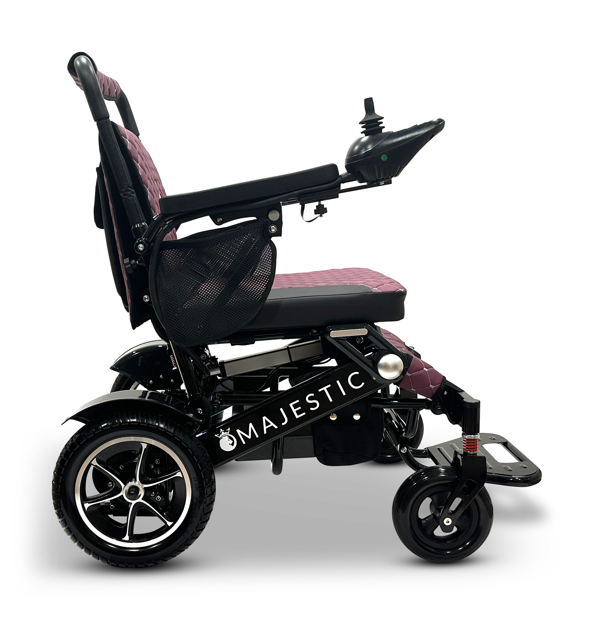 The MAJESTIC IQ-7000 Remote Controlled Electric Wheelchair boasts an intelligent joystick control on the armrest, large rear wheels, and a cushioned seat and backrest, making it ideal for lightweight travel in its sleek black and purple design.