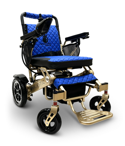 Discover the MAJESTIC IQ-7000 Auto Folding Remote Controlled Electric Wheelchair, featuring a sleek and modern design with a black and blue quilted seat, gold accents, and an intelligent joystick for effortless navigation. With its sturdy wheels and auto-folding capabilities, this wheelchair offers both comfort and style, making it ideal for enhanced mobility.
