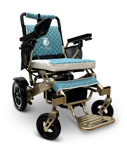 The MAJESTIC IQ-7000 Auto Folding Remote Controlled Electric Wheelchair features a golden frame, quilted turquoise seat, 360-degree joystick control on the armrest, lightweight build with convenient footrests and black tires, showcasing the Majestic brand in its auto-folding design.
