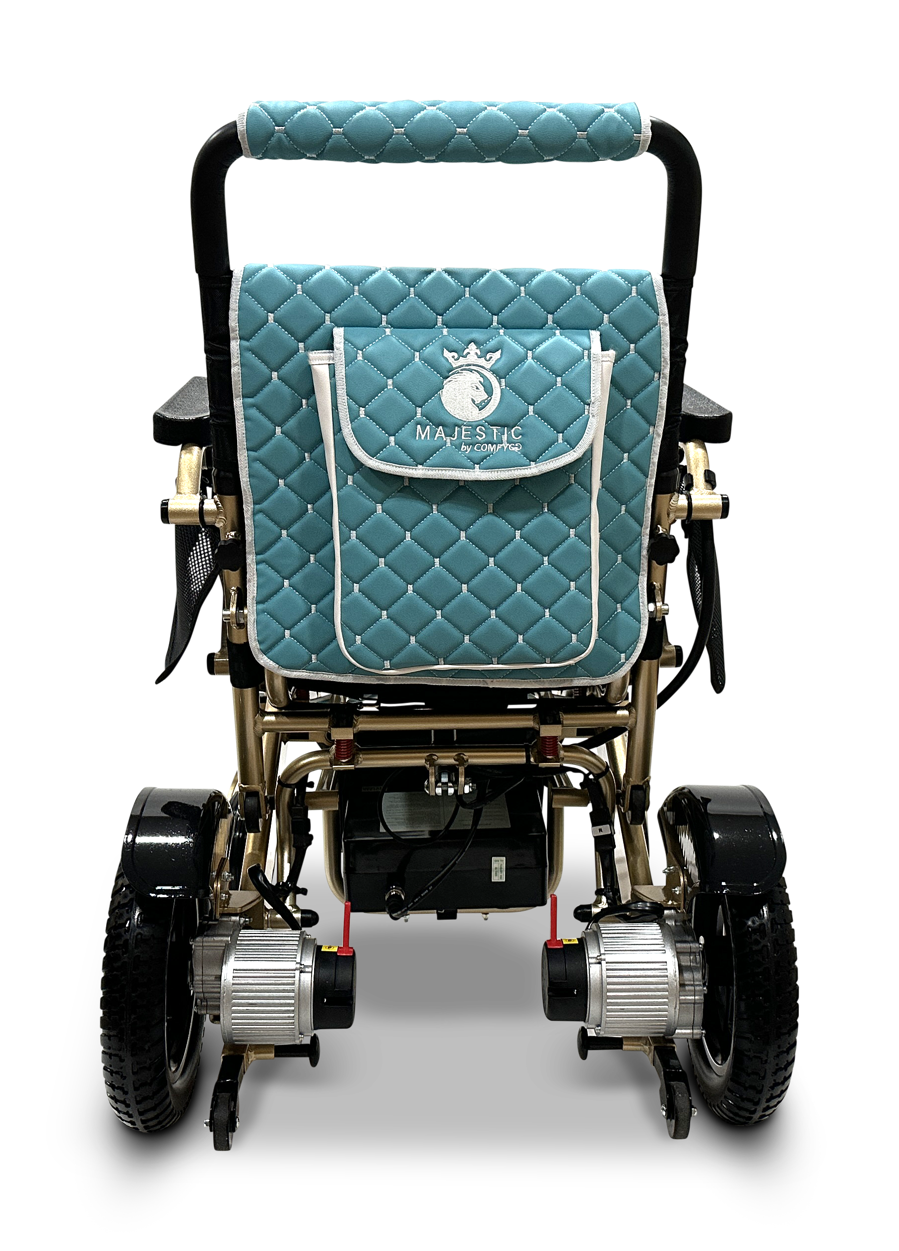 The MAJESTIC IQ-7000 is a gold-colored, lightweight electric wheelchair with large rear wheels, a 360-degree joystick, and visible electric components. It features an auto-folding mechanism, quilted blue backrest with crown logo and MAJESTIC, plus a storage pouch for convenience.