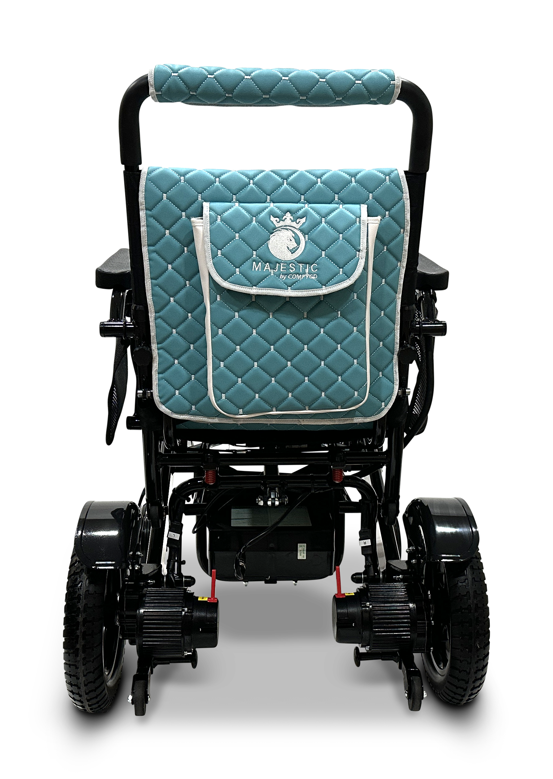 The image depicts the rear view of a lightweight MAJESTIC IQ-7000 Remote Controlled Electric Wheelchair, featuring large wheels and a teal quilted storage pouch affixed to the backrest. The pouch is accented with white trim and displays a crown logo alongside the word "MAJESTIC.