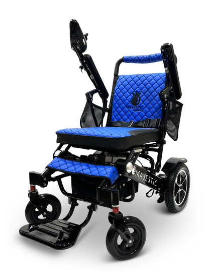 The MAJESTIC IQ-7000 Remote Controlled Electric Wheelchair features a stylish black and blue quilted design, equipped with a headrest, armrests, footrests, and an intelligent joystick on the arm. This lightweight wheelchair perfectly combines style with functionality.