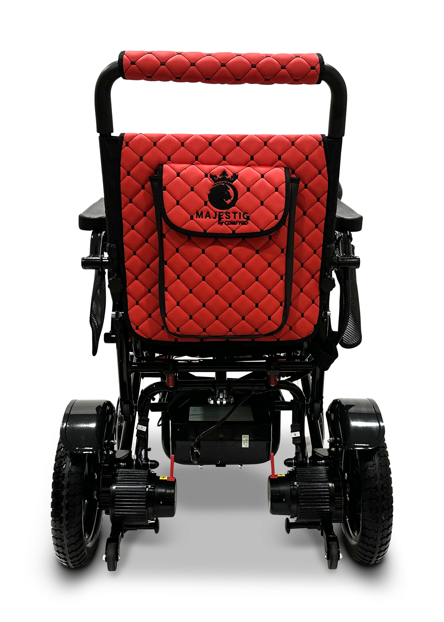The image displays the MAJESTIC IQ-7000 Remote Controlled Electric Wheelchair in a red and black color scheme from the rear perspective. The backrest showcases a quilted pattern with the brand logo. A 360-degree joystick stands out prominently, while the visible wheels and support bars suggest a robust design.