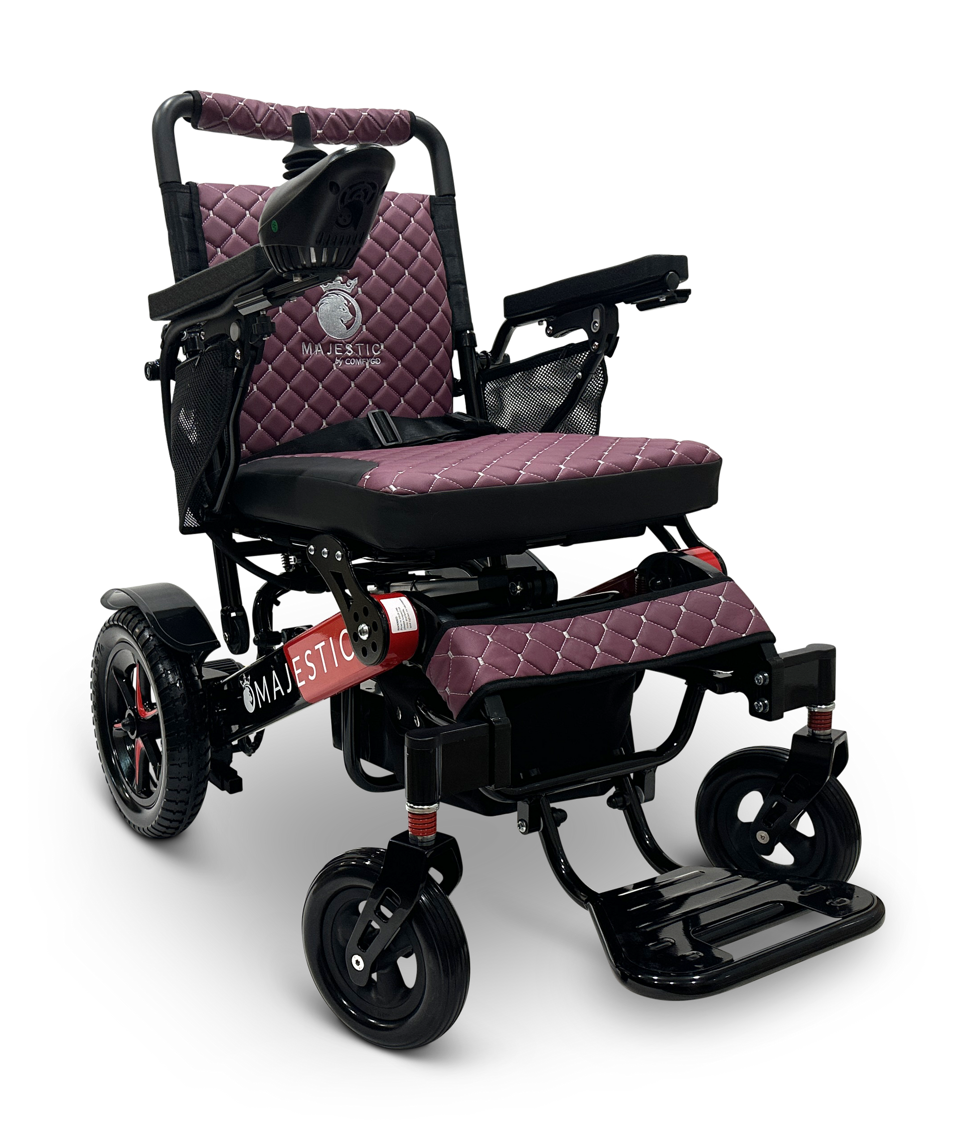 The MAJESTIC IQ-7000 Remote Controlled Electric Wheelchair is a maroon and black lightweight model with quilted upholstery and armrests. It features an intelligent joystick for seamless control, with four wheels providing stability. The brand name Majestic is prominently displayed on the side of this auto-folding electric wheelchair, combining convenience and style in one elegant package.