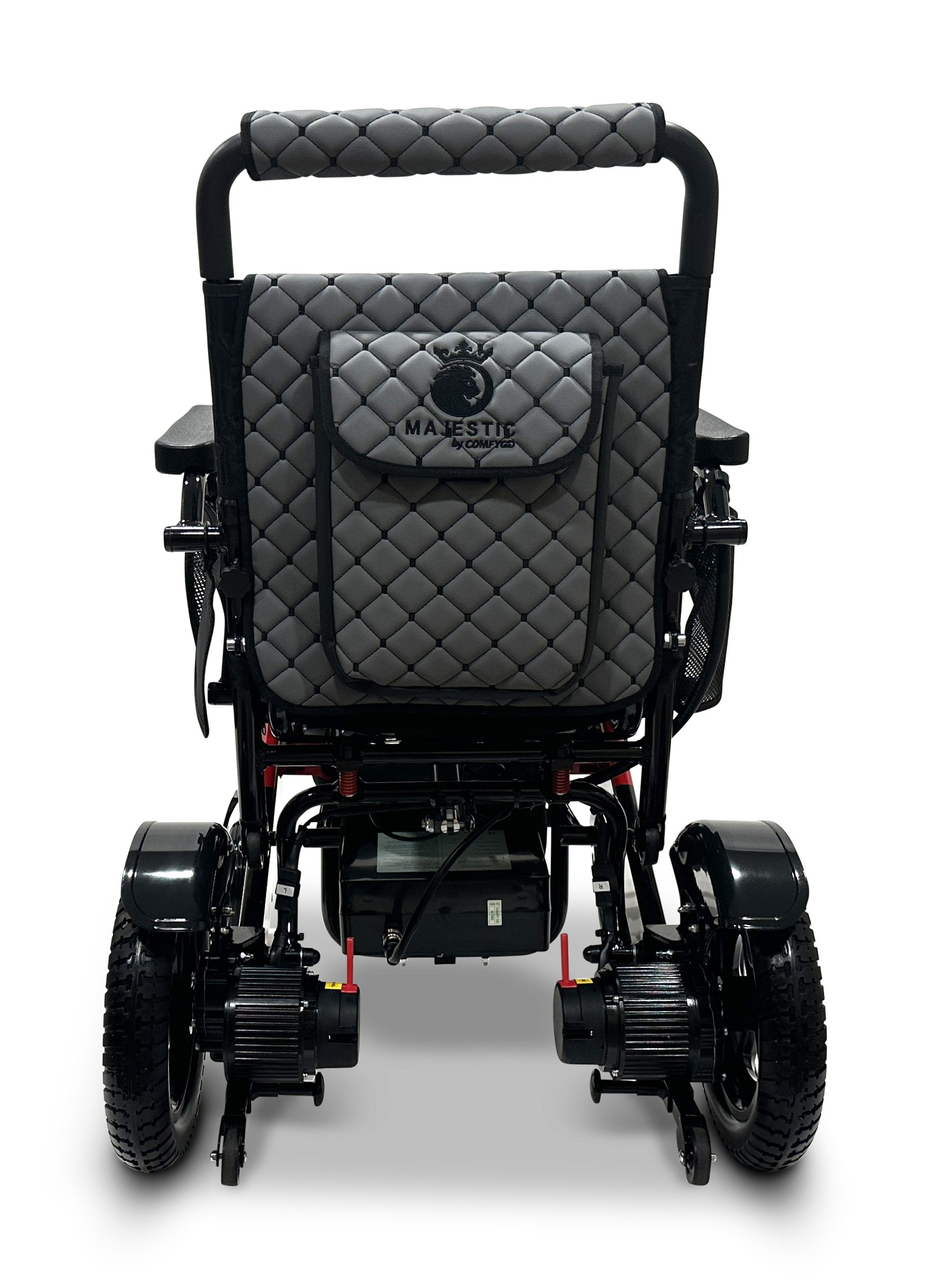 The rear view of the lightweight black MAJESTIC IQ-7000 Remote Controlled Electric Wheelchair showcases a quilted backrest with the word MAJESTIC and a crown logo. This auto-folding model is designed with two large wheels and two smaller ones to enhance stability.
