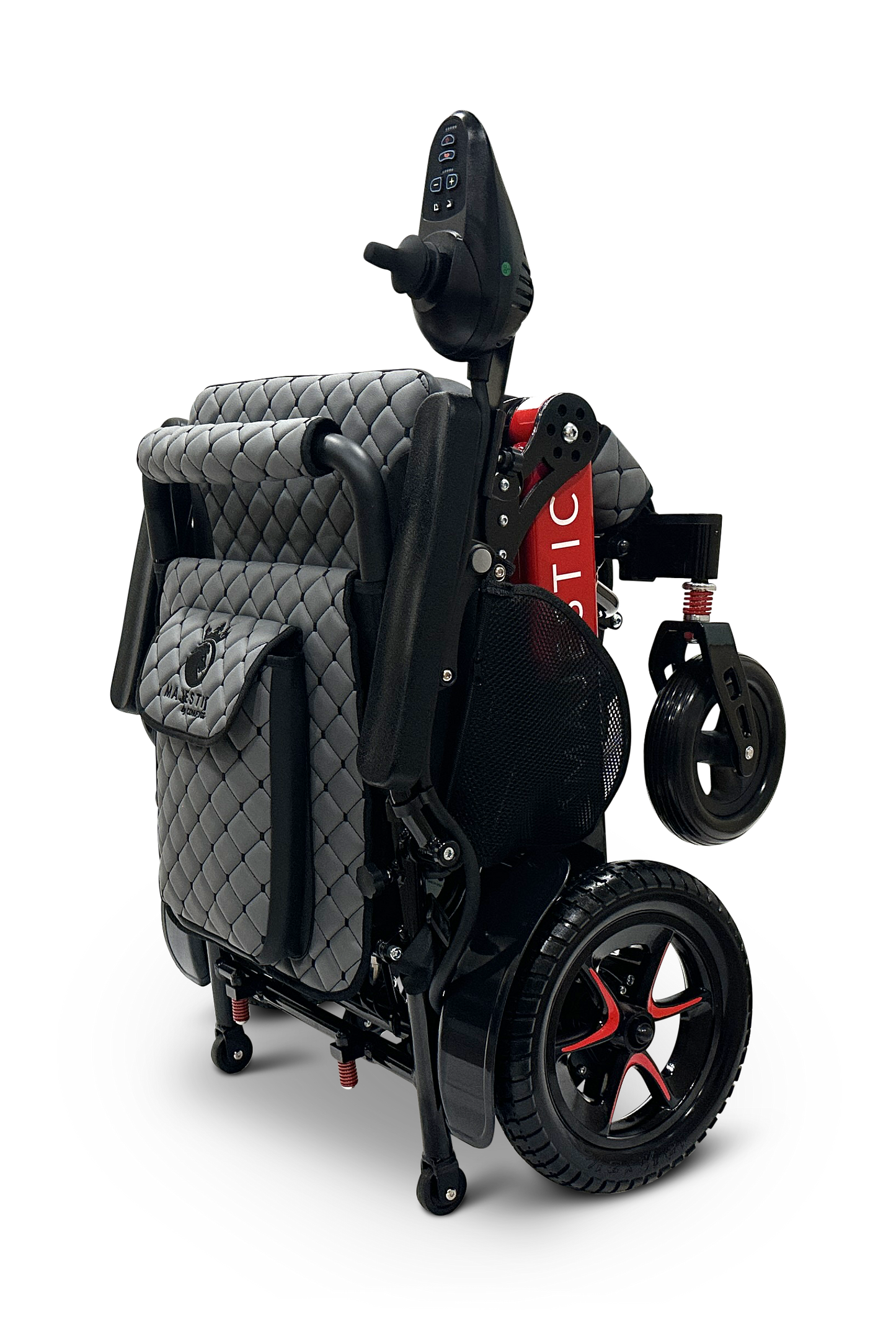 The MAJESTIC IQ-7000 Remote Controlled Electric Wheelchair is a folded, lightweight electric wheelchair featuring a quilted black seat and backrest. It comes with black and red wheels, has a control panel on the handle, and boasts an auto-folding design for convenient storage and transport.