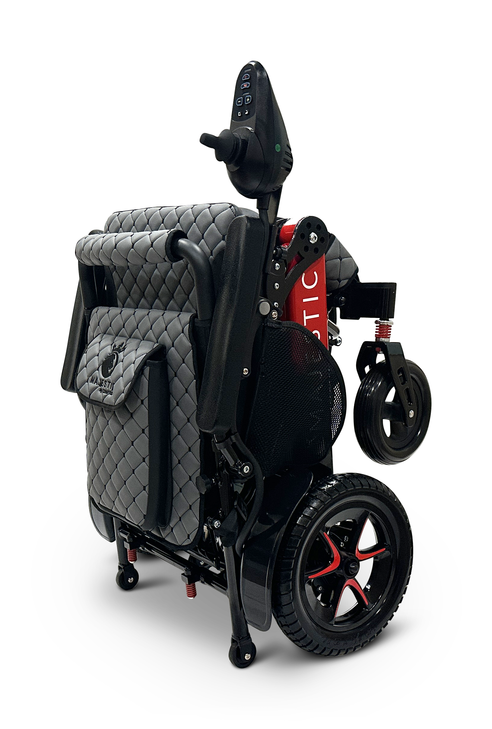 The MAJESTIC IQ-7000 Remote Controlled Electric Wheelchair is a folded, lightweight electric wheelchair featuring a quilted black seat and backrest. It comes with black and red wheels, has a control panel on the handle, and boasts an auto-folding design for convenient storage and transport.