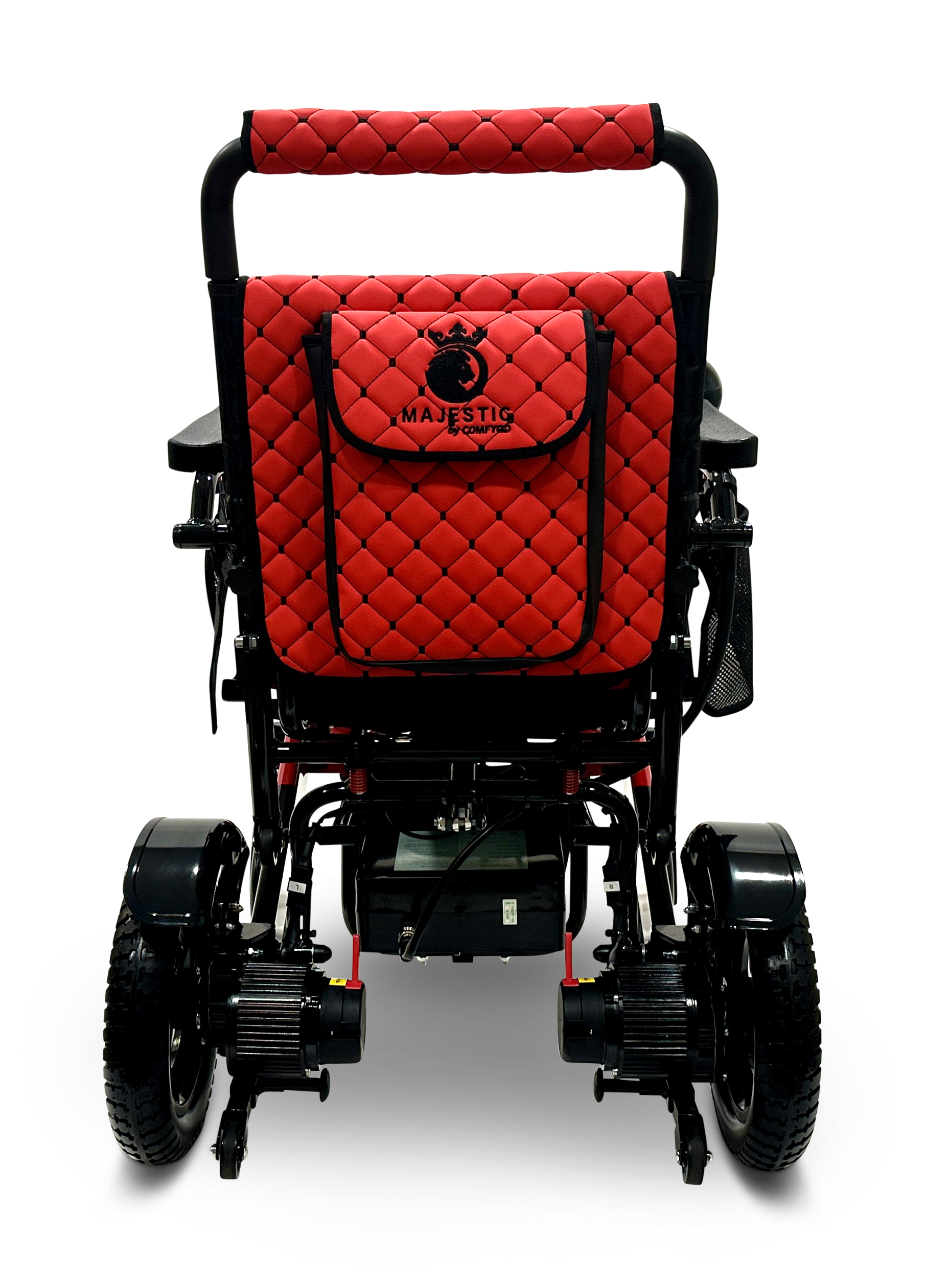 The MAJESTIC IQ-7000 Remote Controlled Electric Wheelchair is a lightweight device in red and black, featuring quilted upholstery and the word "MAJESTIC" on the backrest. It comes equipped with an intelligent joystick for effortless control, large rear wheels paired with smaller front ones, all presented in a sleek, modern design.