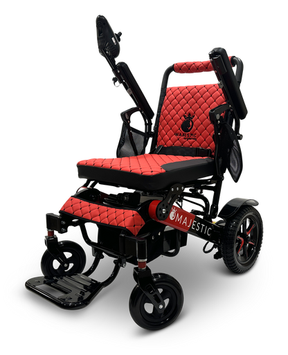 The MAJESTIC IQ-7000 Remote Controlled Electric Wheelchair, featuring a red and black design, is equipped with padded seats and armrests. Its sleek, modern look is complemented by a lightweight frame and sturdy wheels, along with adjustable components that enhance its style and functionality.