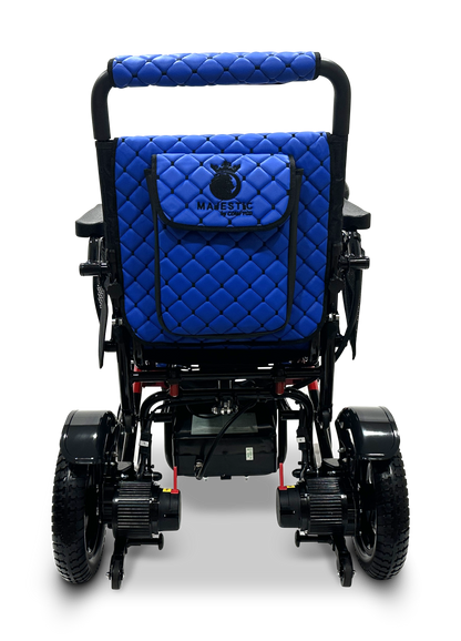 The MAJESTIC IQ-7000 Remote Controlled Electric Wheelchair is a black and blue auto-folding model with quilted fabric on the backrest and seat. It includes large rear wheels, smaller front wheels, and an intelligent joystick for improved mobility and comfort.