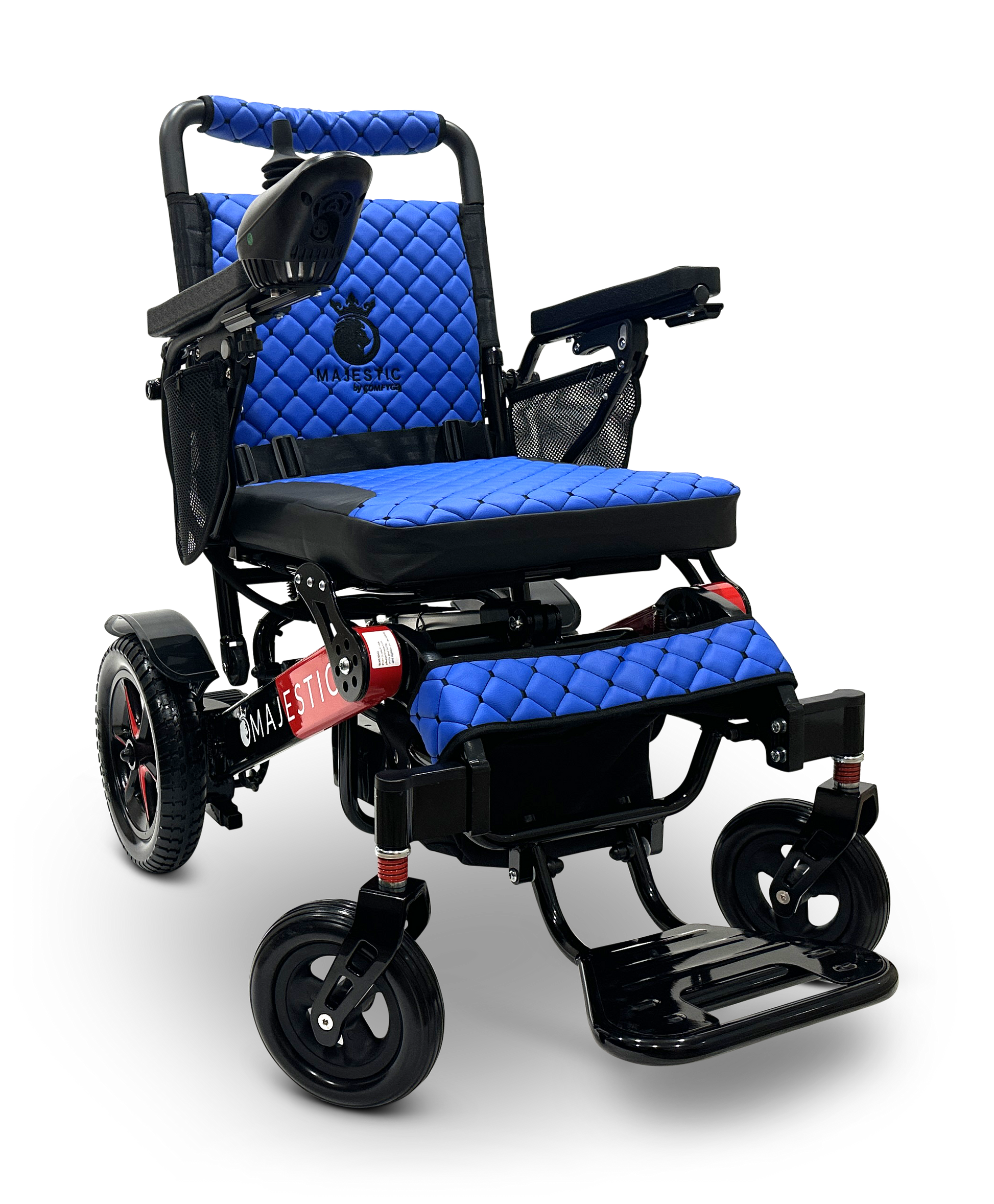 Introducing the MAJESTIC IQ-7000 Remote Controlled Electric Wheelchair, featuring a blue and black design with a quilted seat and backrest. It includes black armrests, striking red accents, small front wheels, larger rear wheels, and an intelligent joystick for effortless control. The Majestic logo is prominently displayed on the side.