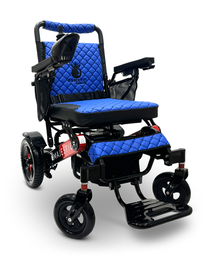 Introducing the MAJESTIC IQ-7000 Remote Controlled Electric Wheelchair, featuring a blue and black design with a quilted seat and backrest. It includes black armrests, striking red accents, small front wheels, larger rear wheels, and an intelligent joystick for effortless control. The Majestic logo is prominently displayed on the side.