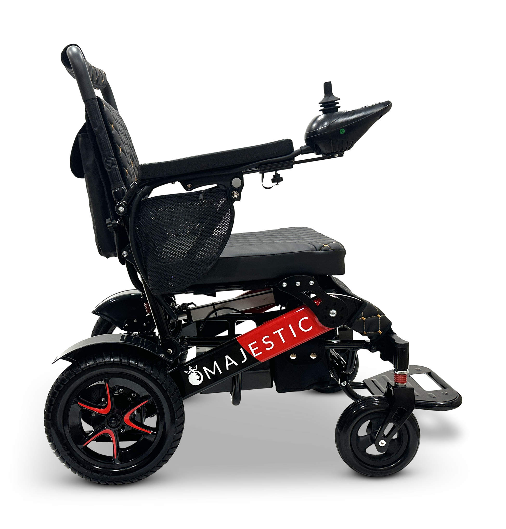 The MAJESTIC IQ-7000 Remote Controlled Electric Wheelchair is a black auto-folding model with red accents, equipped with a padded seat and armrests. It features an intelligent joystick on the right armrest and has an upright backrest, along with sturdy wheels for enhanced mobility. "MAJESTIC" is inscribed on the lower frame.